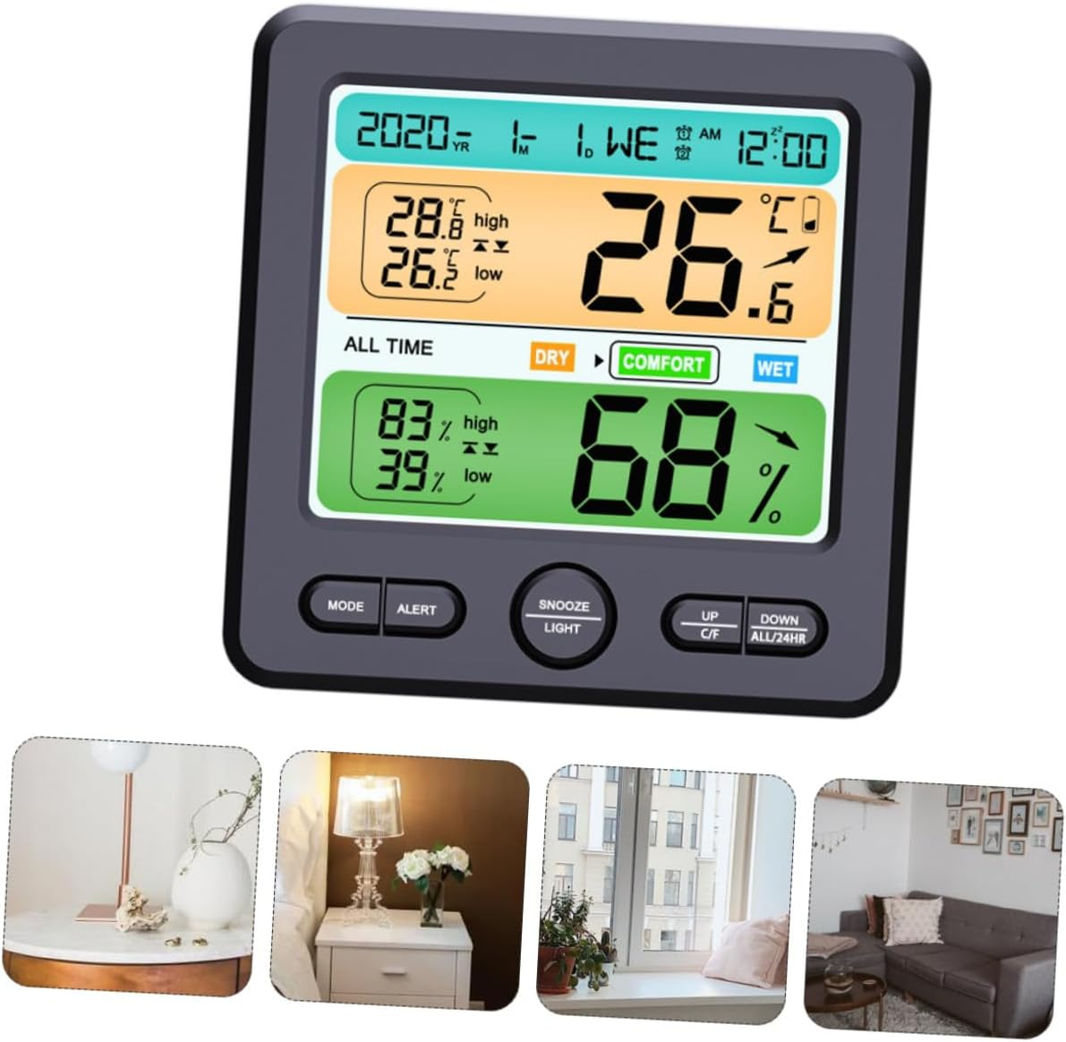 YARNOW Indoor High-Precision Digital Thermometer Hygrometer Clock Wall Mount and Desktop Electronic Alarm Clock Large Screen Temperature Humidity Monitor -6211-B (No Battery) image number 4