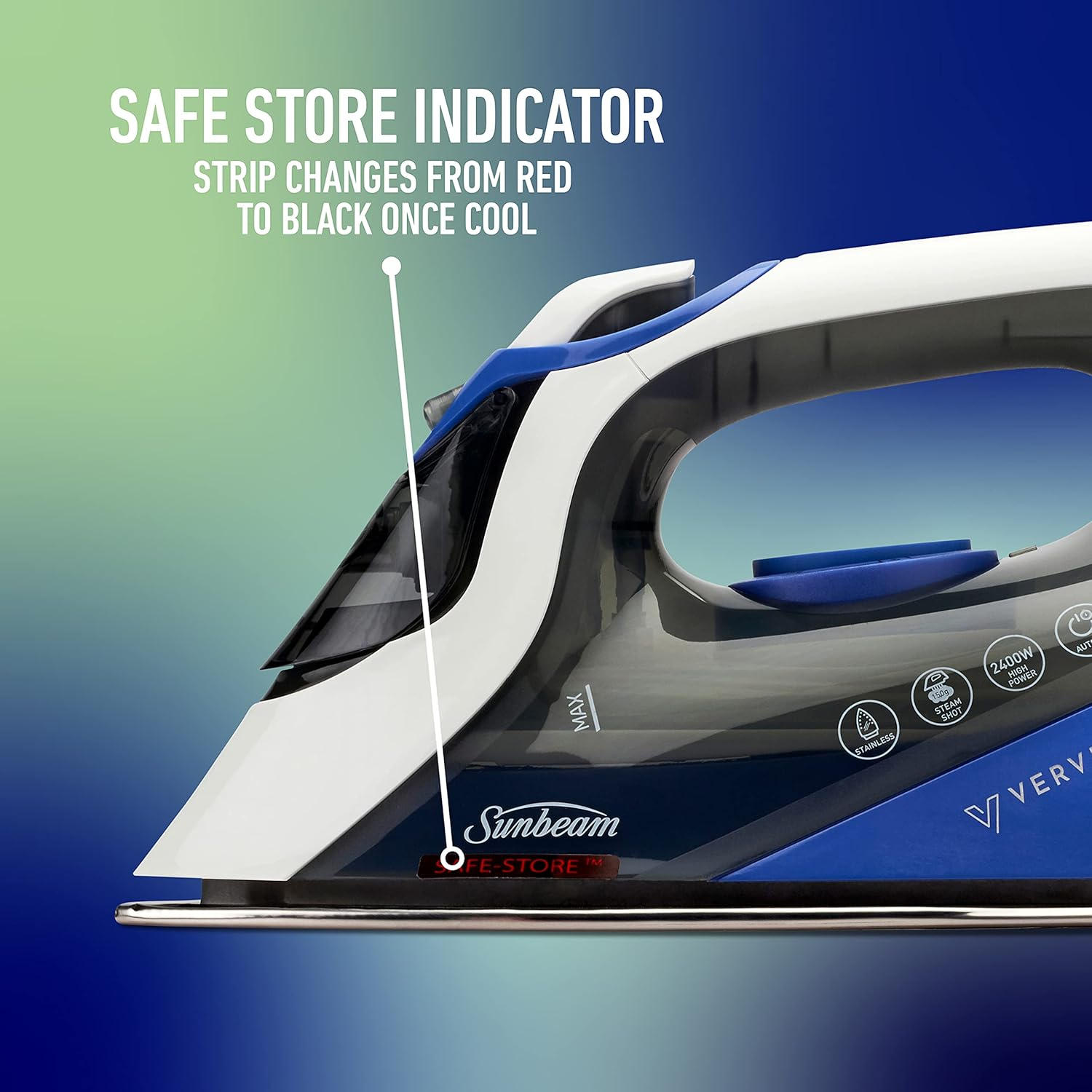 Sunbeam Verve Stainless Steam Iron | Durable Stainless Steel Soleplate, 150G/Min Steam Shot, 300Ml Tank, 2400W Fast Heat-Up, Safe Store Indicator, Auto-Off, Blue SRS6550 image number 4