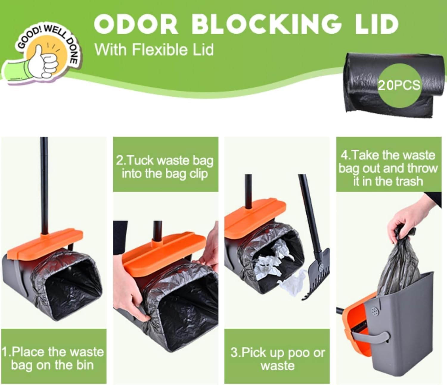 Pseul Pooper Scooper Swivel Bin & Rake Kit,116Cm Adjustable Long Dog Poop Scooper, with 35 Dog Poop Bags, Portable Dog Poop Picker Gravel-Dog Waste Set, Garden Cleaning Kit for Yard Dog Pet for Lawns image number 4