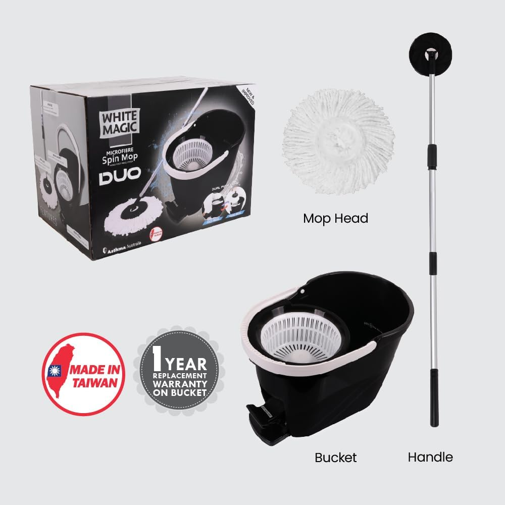 White Magic Spin Mop Duo - Black - Hand Press & Foot Press - Cleans All Hard Floors &ndash; Tile, Timber, Stone, Vinyl - Black/White &ndash; Original & Best image number 5