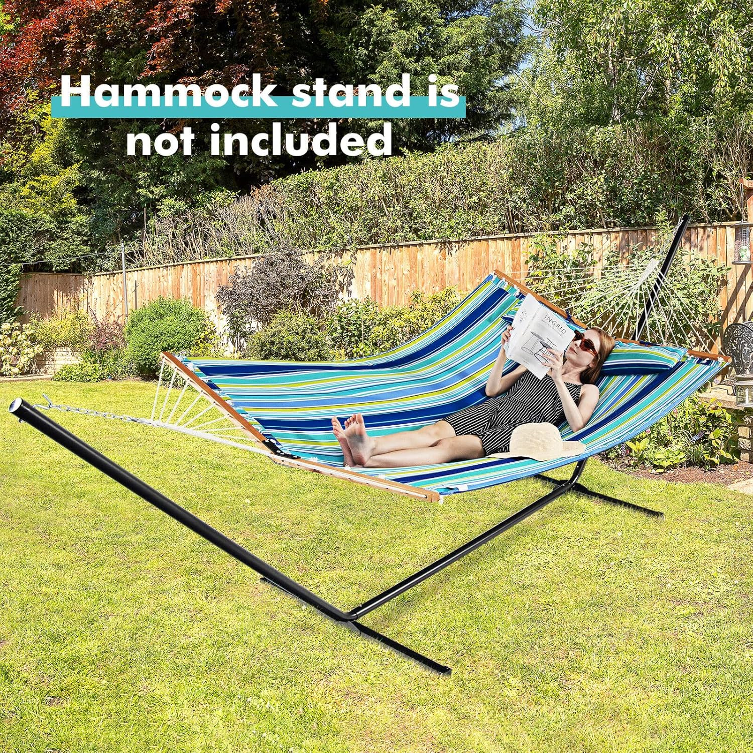 Costway Portable Hammock W/Spreader Bars & Detachable Pillow, Quick Dry & Water Proof Material, Hand Woven Cotton Rope, Outdoor Indoor Hammock for Patio, Poolside, Garden, Backyard image number 6
