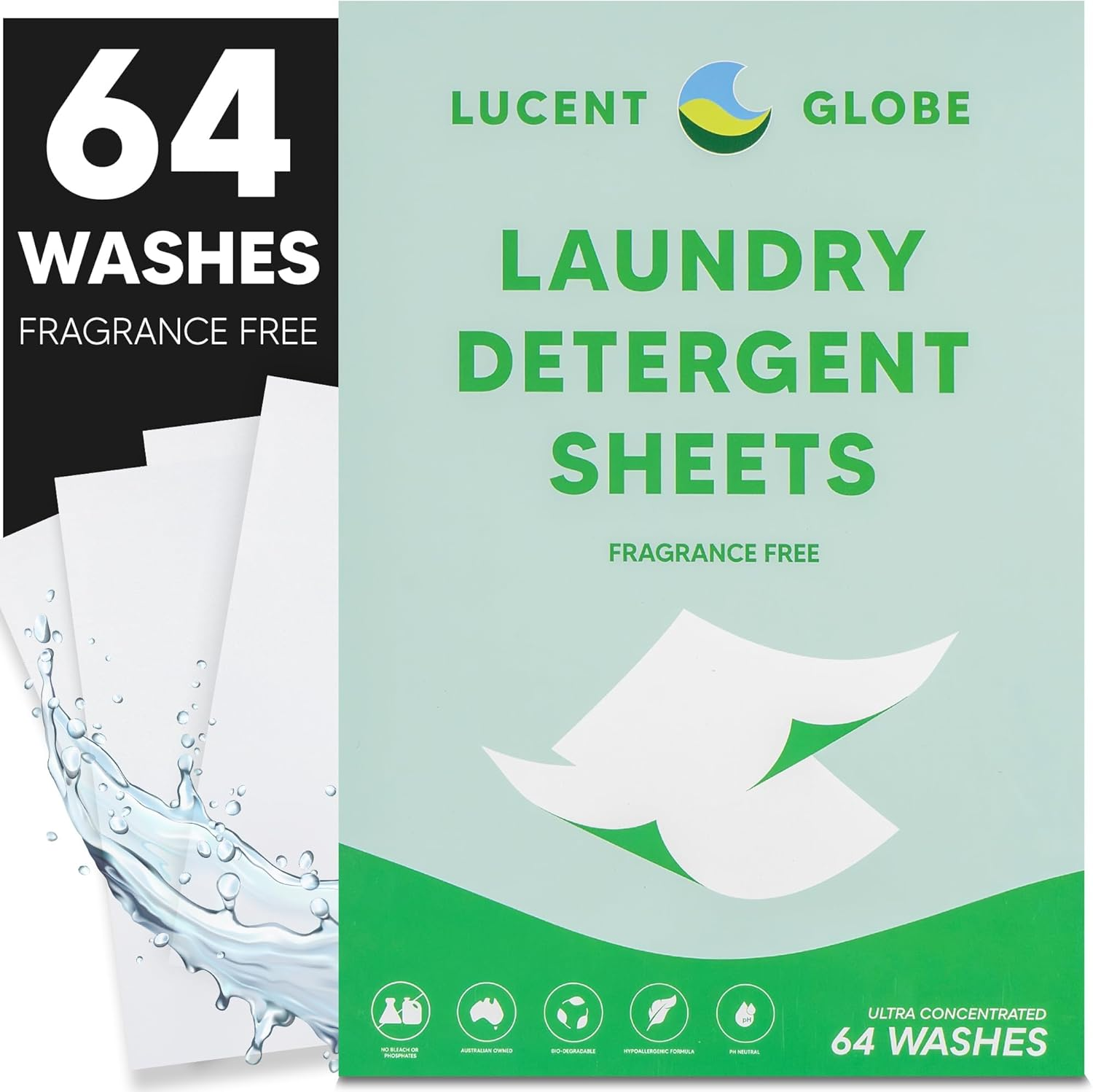 Lucent Globe Sensitive Fragrance Free Laundry Detergent Sheets, 64 Washes, Plant-Based, Biodegradable, Plastic Free Packaging 64 Count