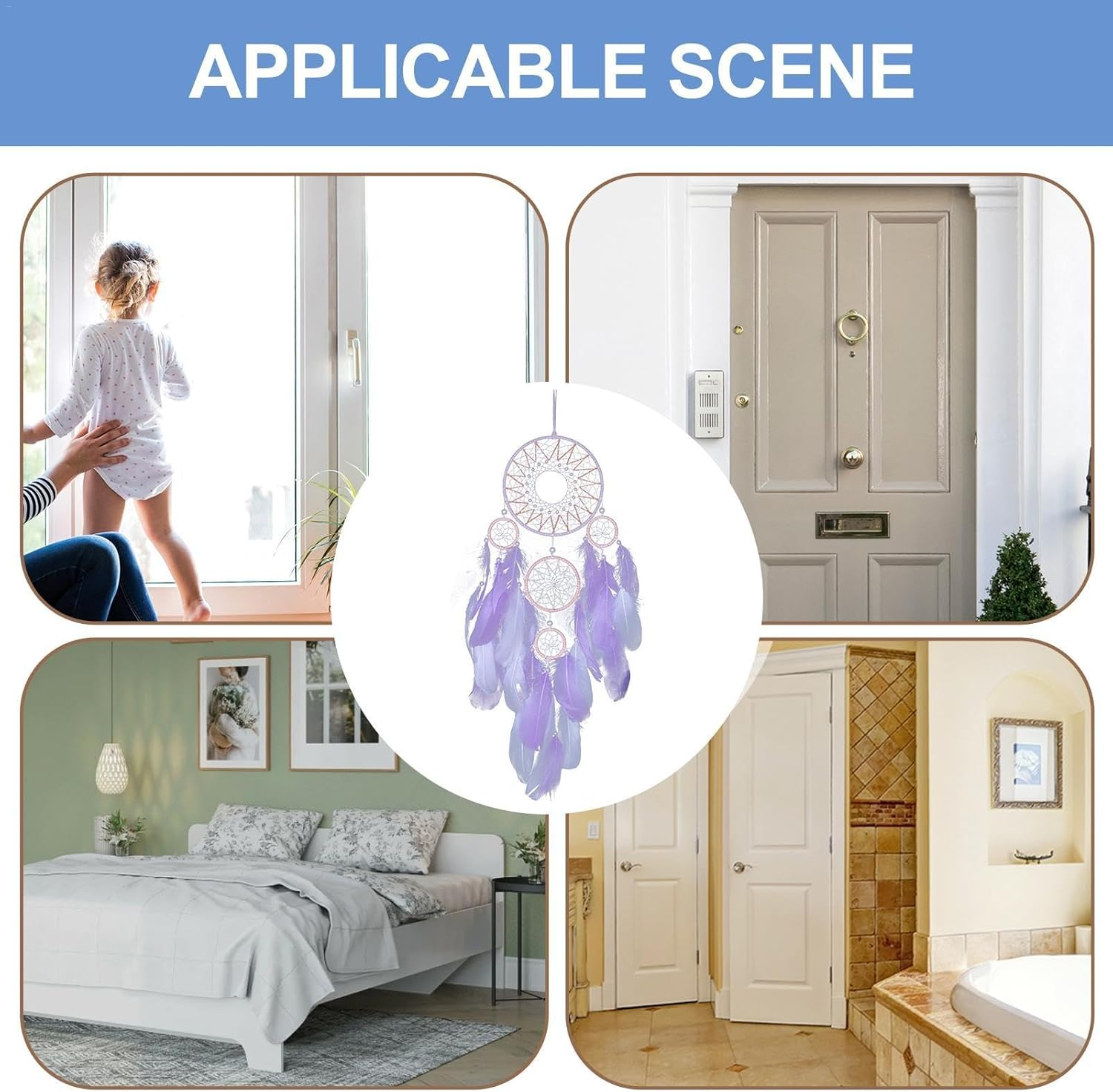 Dream Catcher Wall Decor,Decorative Ornament Art - Lucky Five Rings Feather Dream Catcher, Wall Hangable Decor for Kids Bedroom Living Room - Blue image number 3