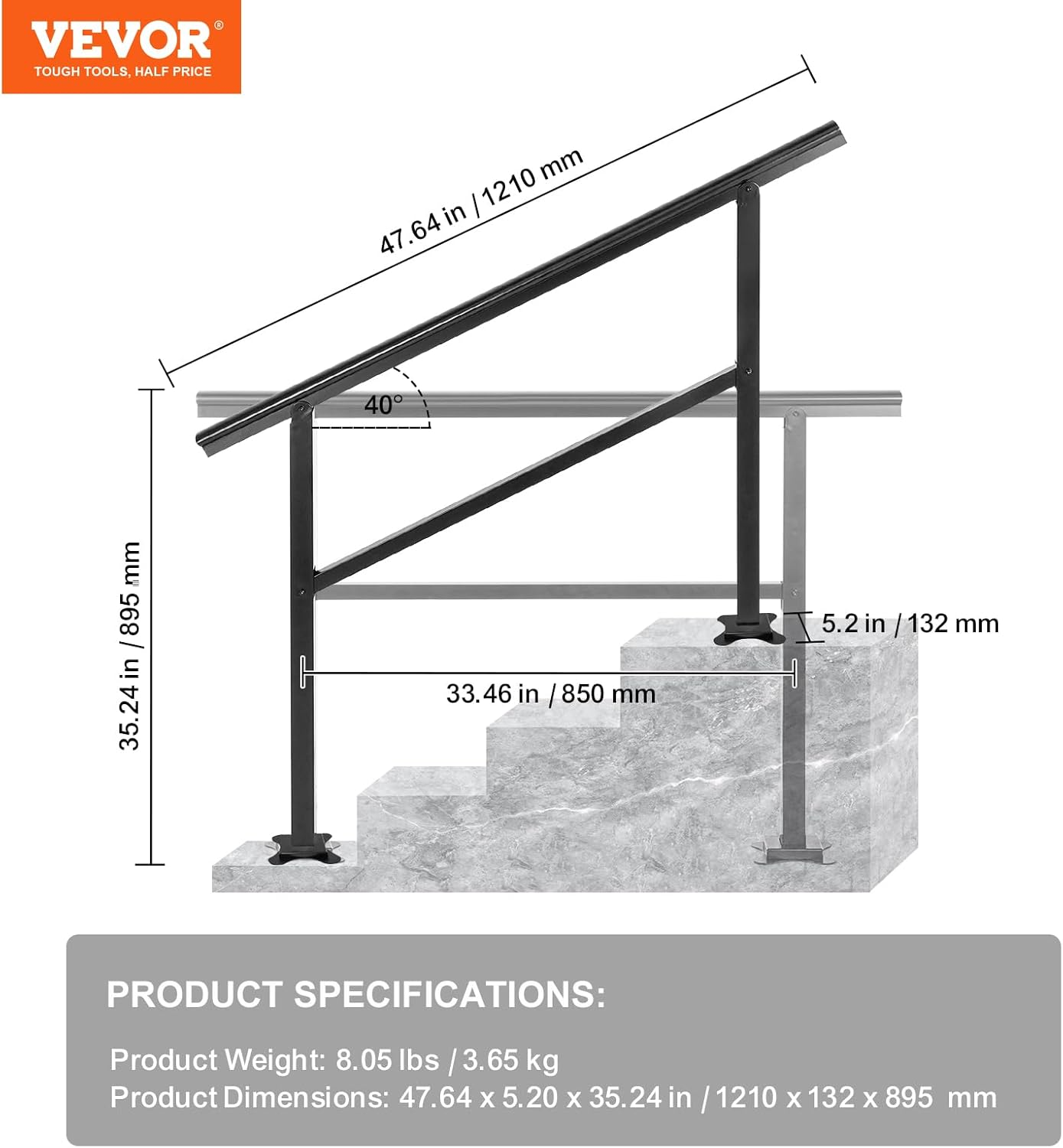 VEVOR Black Powder Coated Aluminum Handrail for Outdoor Steps, 3-4 Steps, 48 X 35.5In, 165Lbs Weight Capacity image number 3