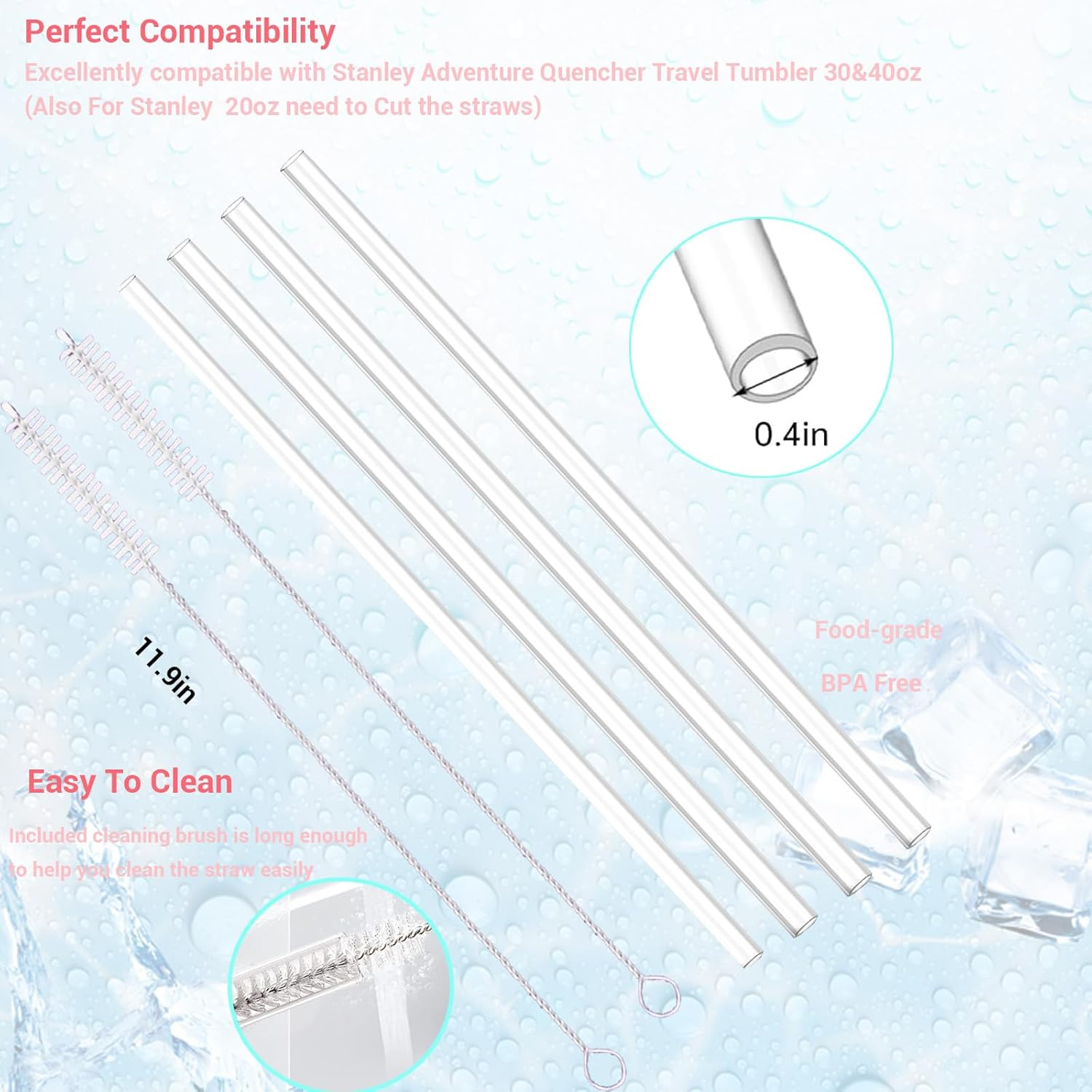 VAVCASE Straws with Cover Cap for Stanley 40Oz Tumbler Replacement - 6Pcs Covers, 4Pcs Straws for 20, 30 & 40Oz Cups, Charms Accessories Set, Large, Clear