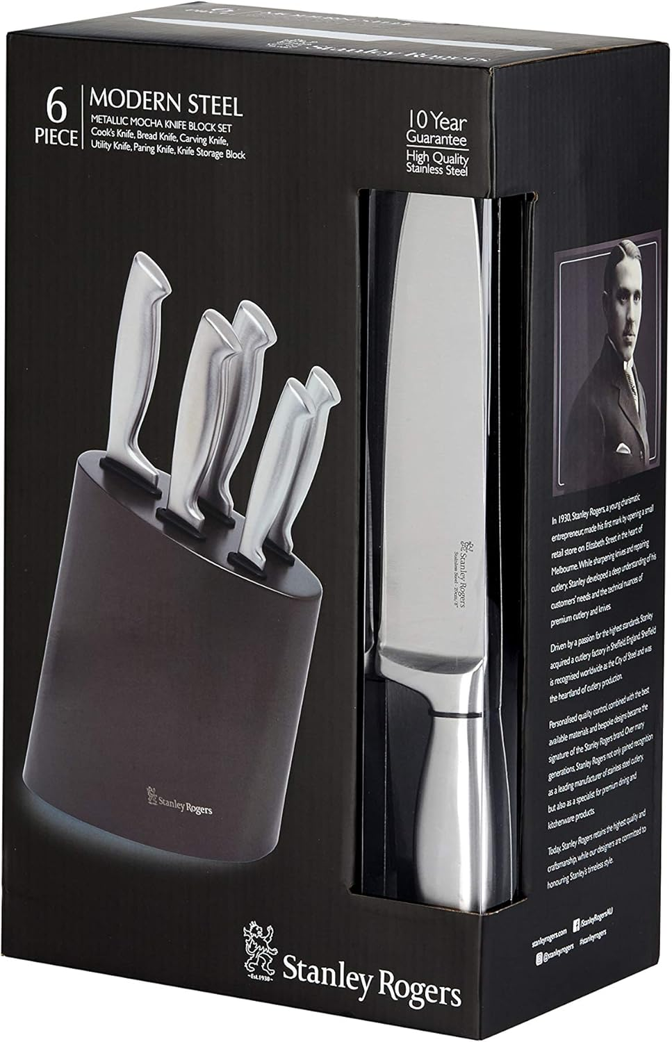 Stanley Rogers 41418 Modern Steel Metallic Mocha Knife Block Set, Stainless Steel Cook'S, Bread, Carving, Utility and Paring Knives, 1 Knife Block (Colour: Brown, Silver), Quantity: 1 Set, 6 Pieces - Silver image number 3
