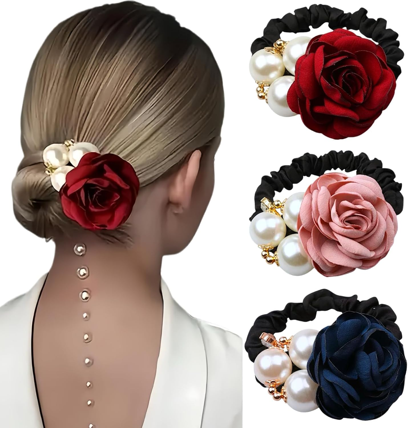 Ypkia Pack of 3 Flower Hair Bands with Pearls Women'S Thin Rubber Bands Elastic Scrunchies Ponytail Holder for Women Girls image number 4