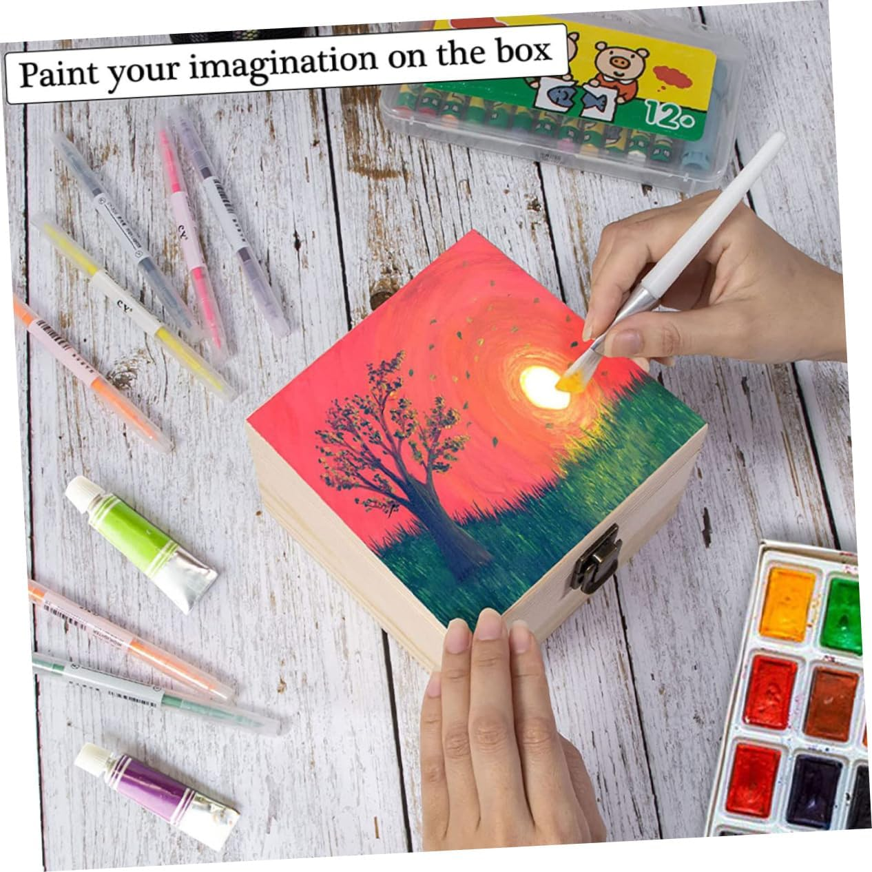 Jojofuny Handmade Wooden Jewelry Storage Box Boys and Girls Graffiti Box Unpainted Craft Storage image number 2