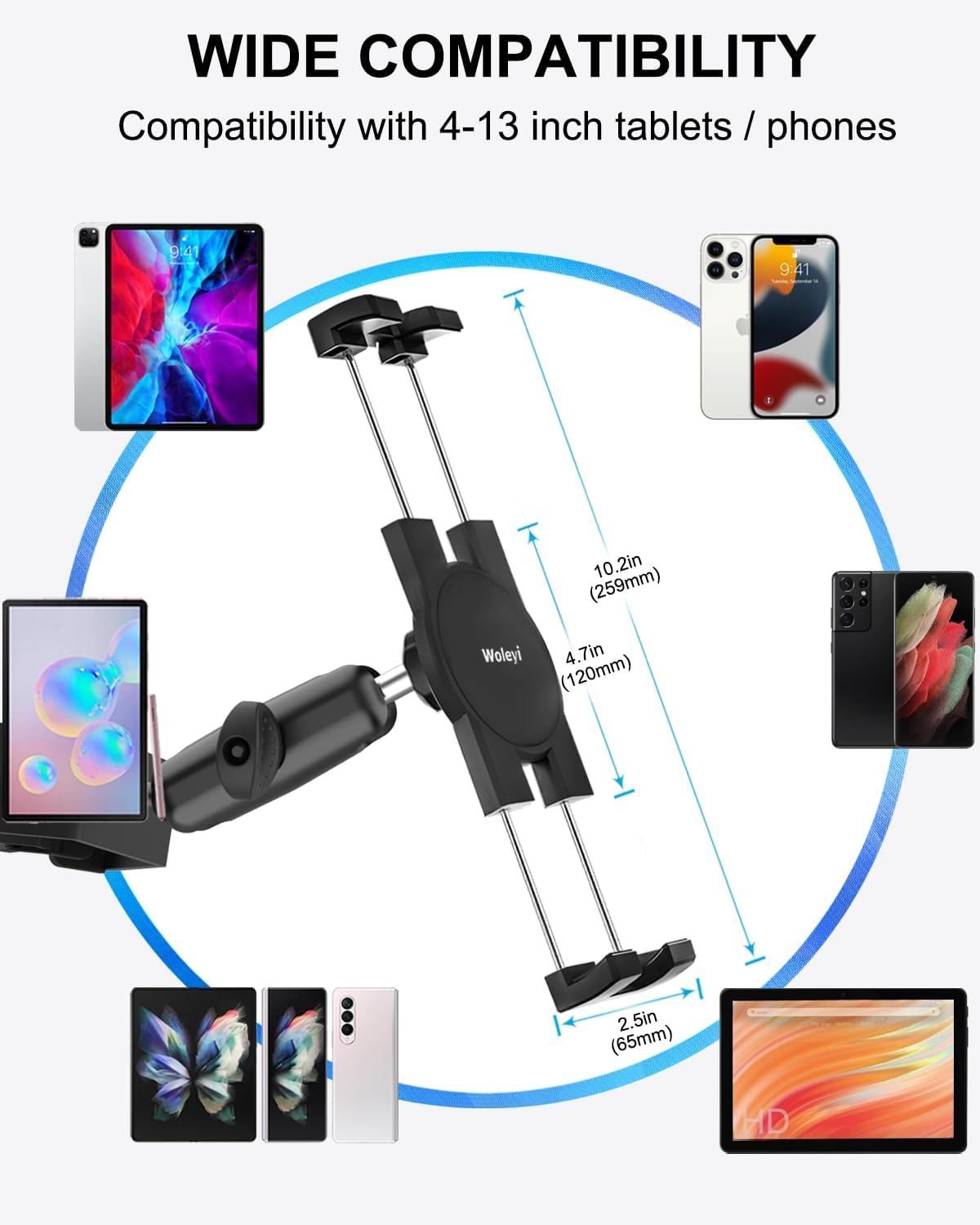 Woleyi Golf Cart Tablet Holder Mount, 360&deg; Adjustable, Metal Wider Clamp Arm for Zgo/Club Car/Yamaha/Other Golf Carts, Compatible with Ipad Pro 12.9/Air/Mini, Iphone, Galaxy Tabs/Z Fold, 4-13" Devices image number 6