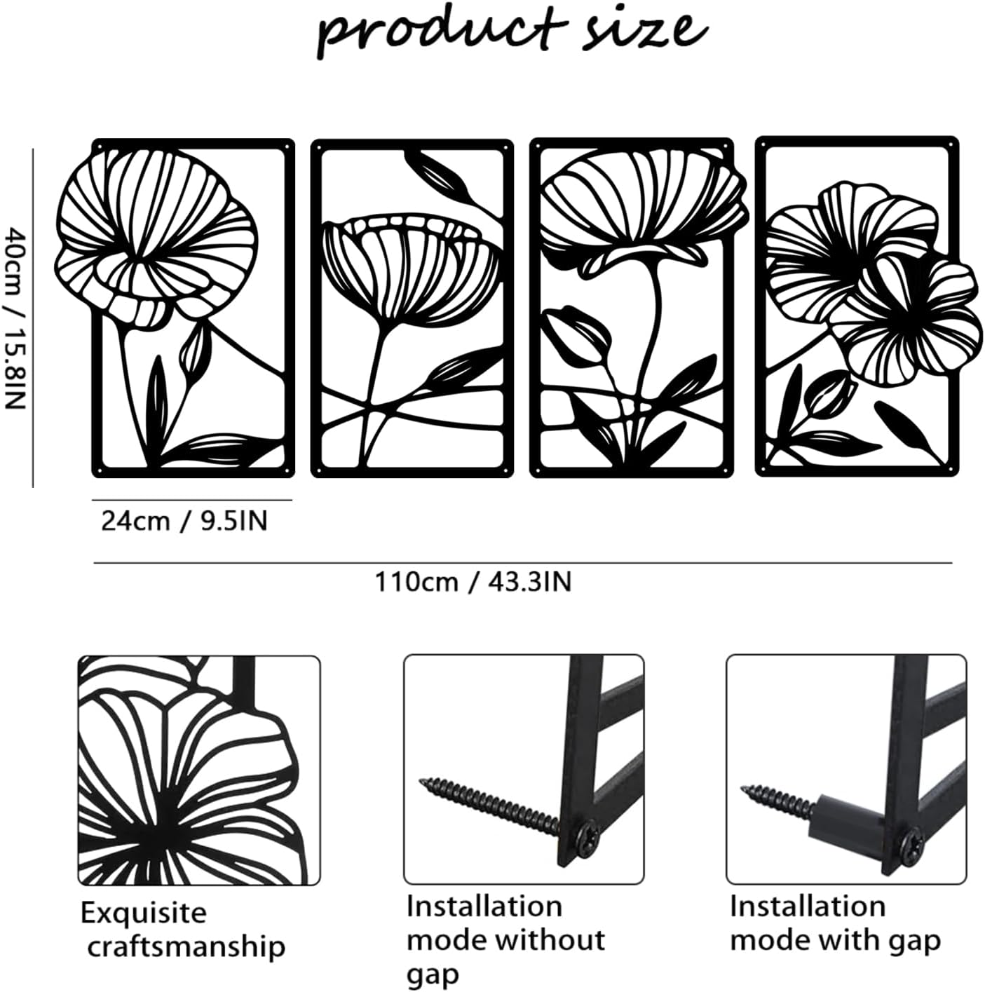 Ouqiesli 4 Pack Black Metal Flower Wall Art, Minimalist Home Decor 40 * 24Cm Set