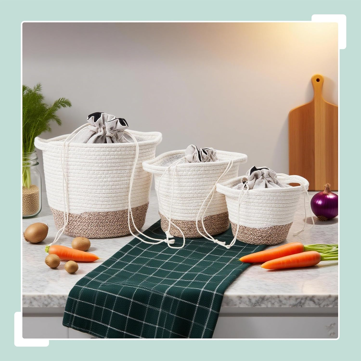 Relaxdays Potato Storage, 3-Pack, Potato Bags with Handles, Cotton & Polyester, Different Sizes, White/Beige image number 6