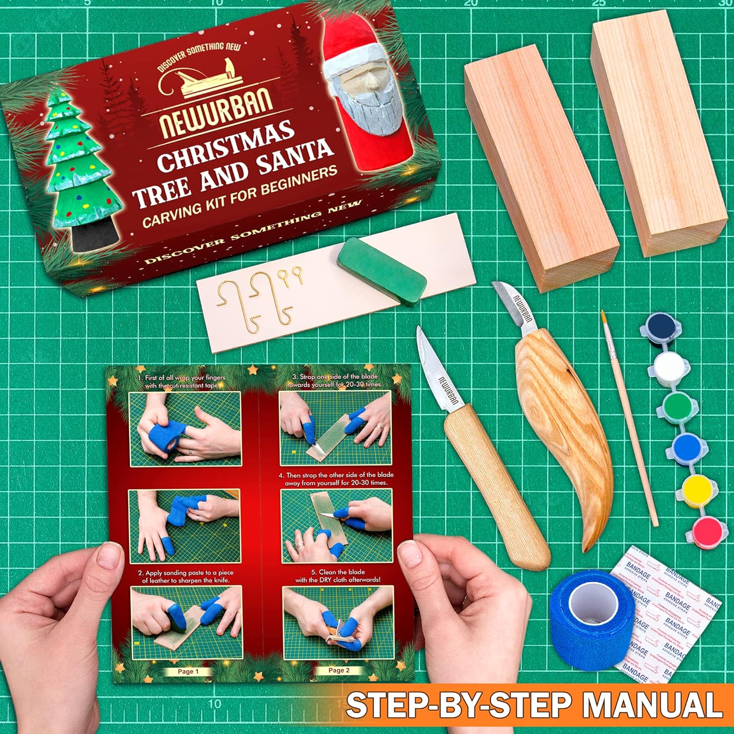 Wood Carving Kit for Beginners - Whittling Kit with New Year Tree and Santa DIY - Woodworking Kit with Wood Blocks Knives Gift Set for Kids Adults Christmas Tree Ornaments Decoration image number 2