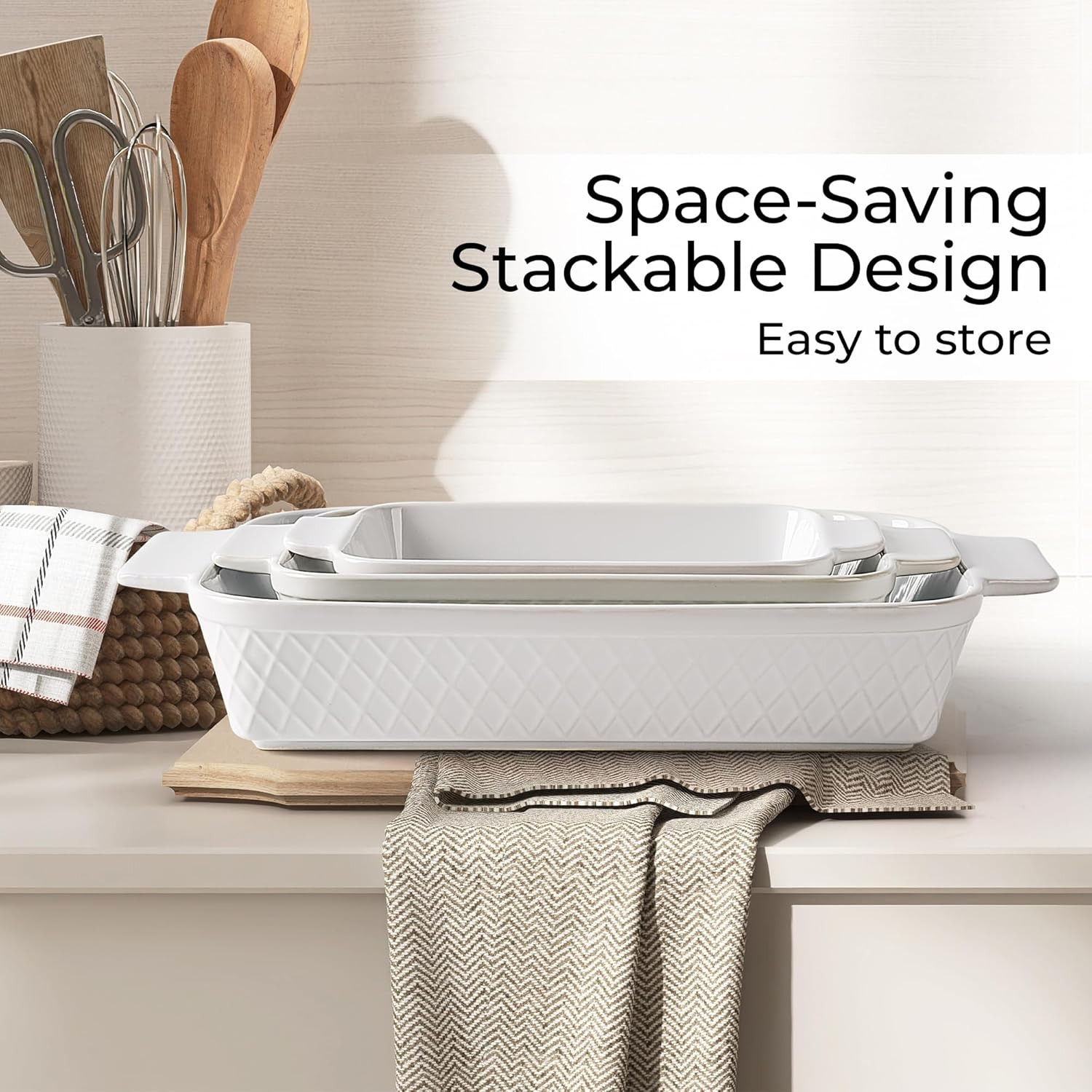 MIAMIO - Casserole Dish Set of 3 / Ceramic Rectangular Baking Pan, 3-Piece Stackable Bakeware Sets, 850 Ml, 1650 Ml, 2900 Ml - Dishwasher and Oven Safe - Palmanova Collection image number 2