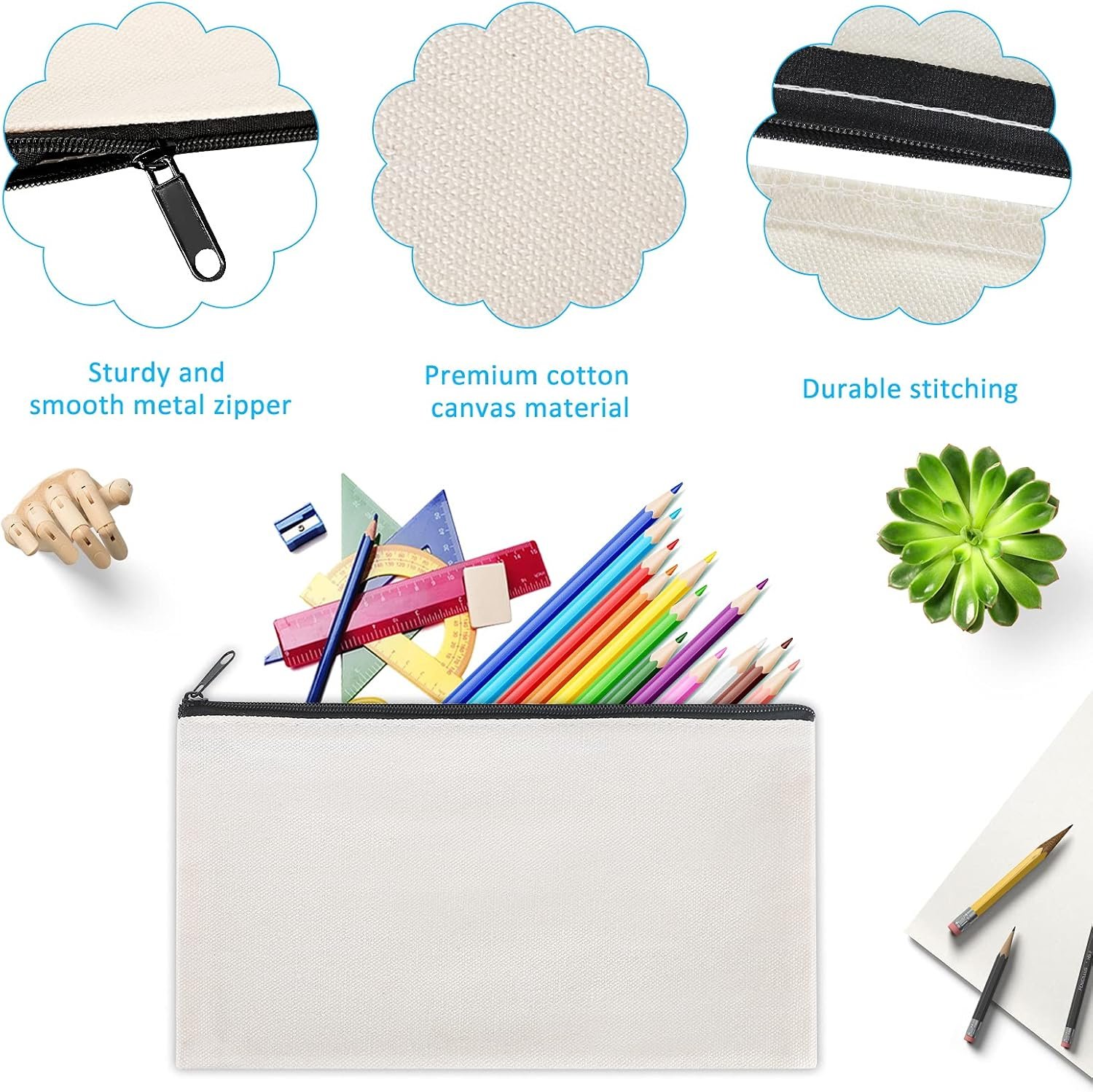 12 Pieces Black Cotton Canvas Makeup Bag, Multipurpose Cosmetic Bag with Zipper Travel Toiletry Pouch, Blank DIY Craft Bag Pencil Bag, White, M image number 3