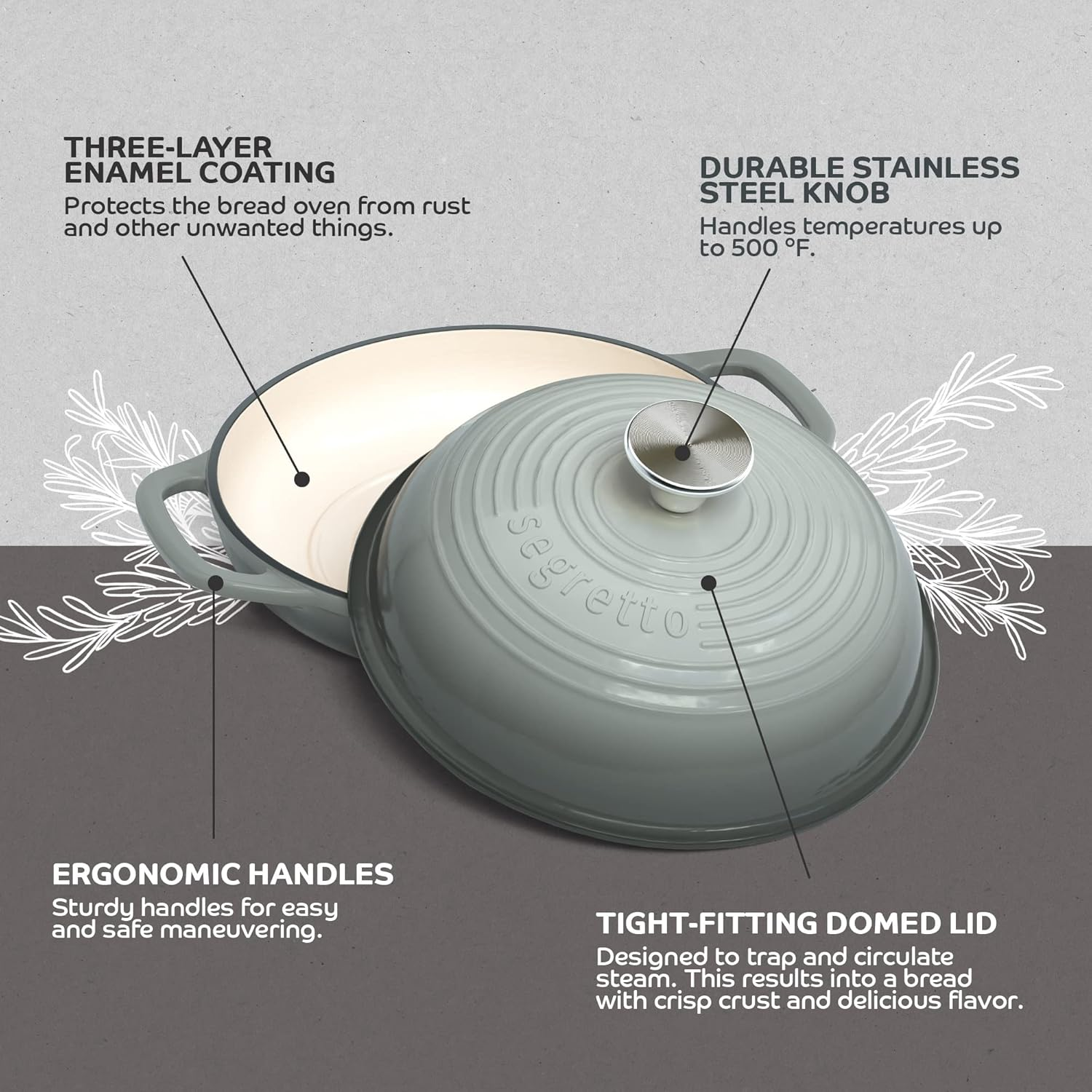 Enameled Cast Iron Bread Pan with Lid, 11&rdquo; Grigio Scuro (Gray) Bread Oven Cast Iron Sourdough Baking Pan, Dutch Oven for Bread - Segretto Cookware image number 5