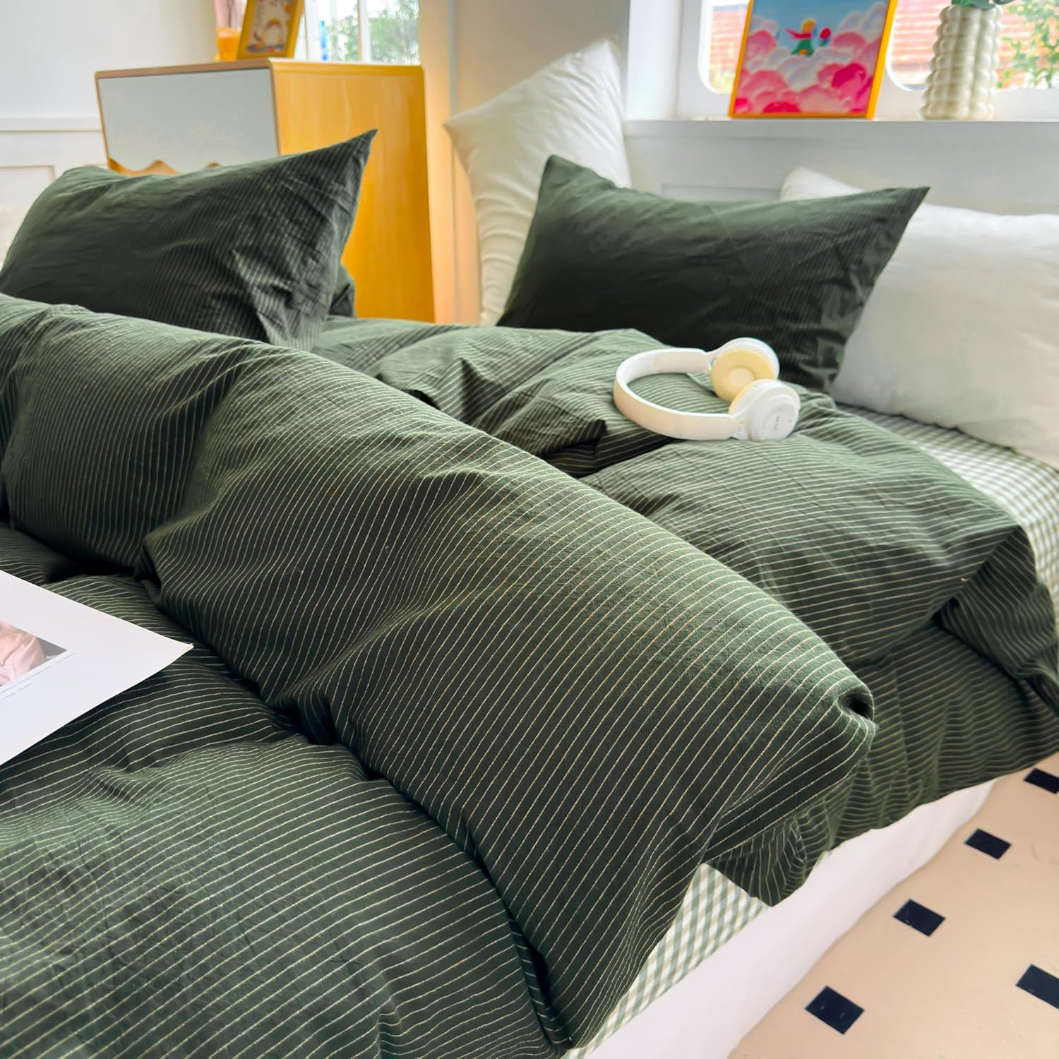 Pinkmemory Olive Green Striped Duvet Cover Queen 100% Washed Cotton Dark Green Stripe Duvet Cover Set Full 3Pcs Pinstripe Pattern Bedding Set with Zipper Closure Corner Ties,Soft Breathable image number 2