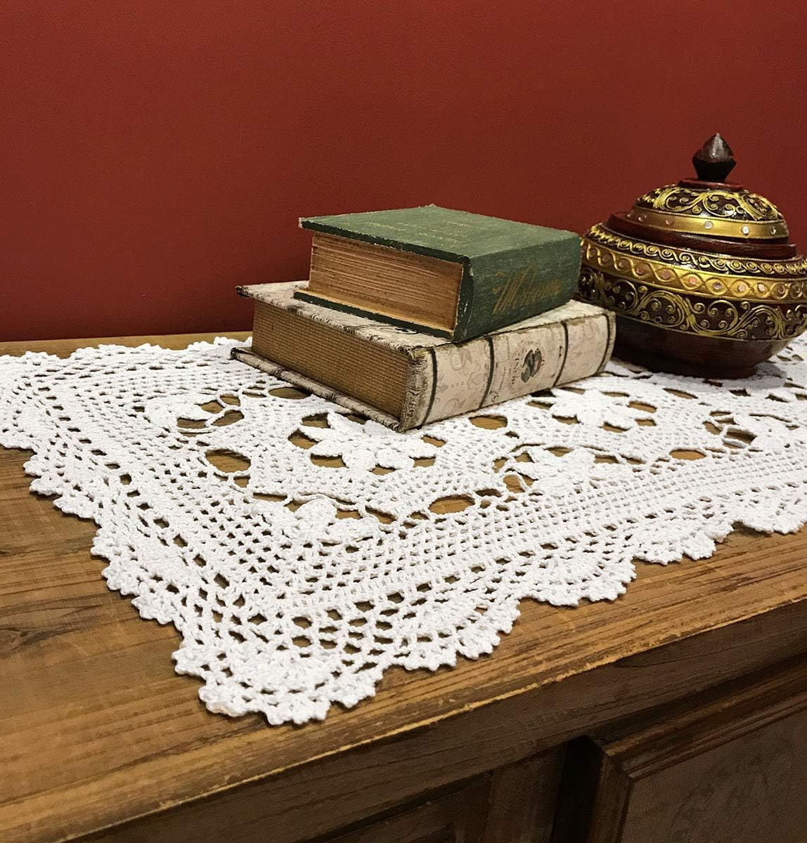 Janef White Handmade Crochet Cotton Table Runner Lace Doilies Doily Rectangle Dresser Scarves,16 by 28 Inches. image number 4