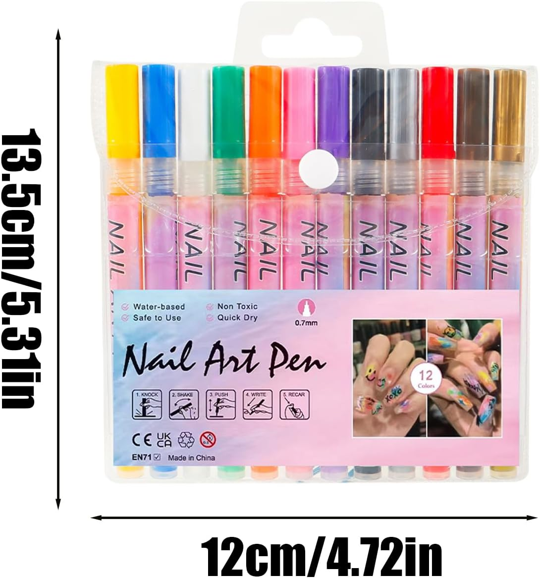 Nail Polish Pens for Women,12 Colors Waterproof Nail Polish Art Pens | 0.5Mm Toes Top Drawing Markers Graffiti Set for Thin Detail image number 5