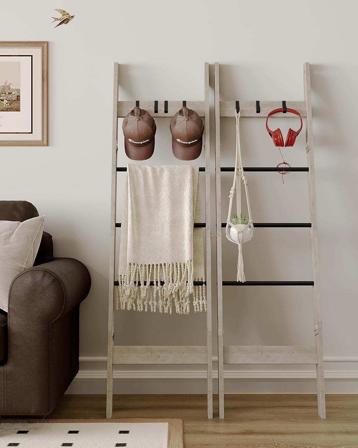 Hzuaneri Blanket Ladder Shelf for Living Room, Decorative Quilt Rack with 4 Removable Hooks, 5-Tier Farmhouse Ladder Holder Organizer for Bedroom, Greige and Black BR02105B image number 2