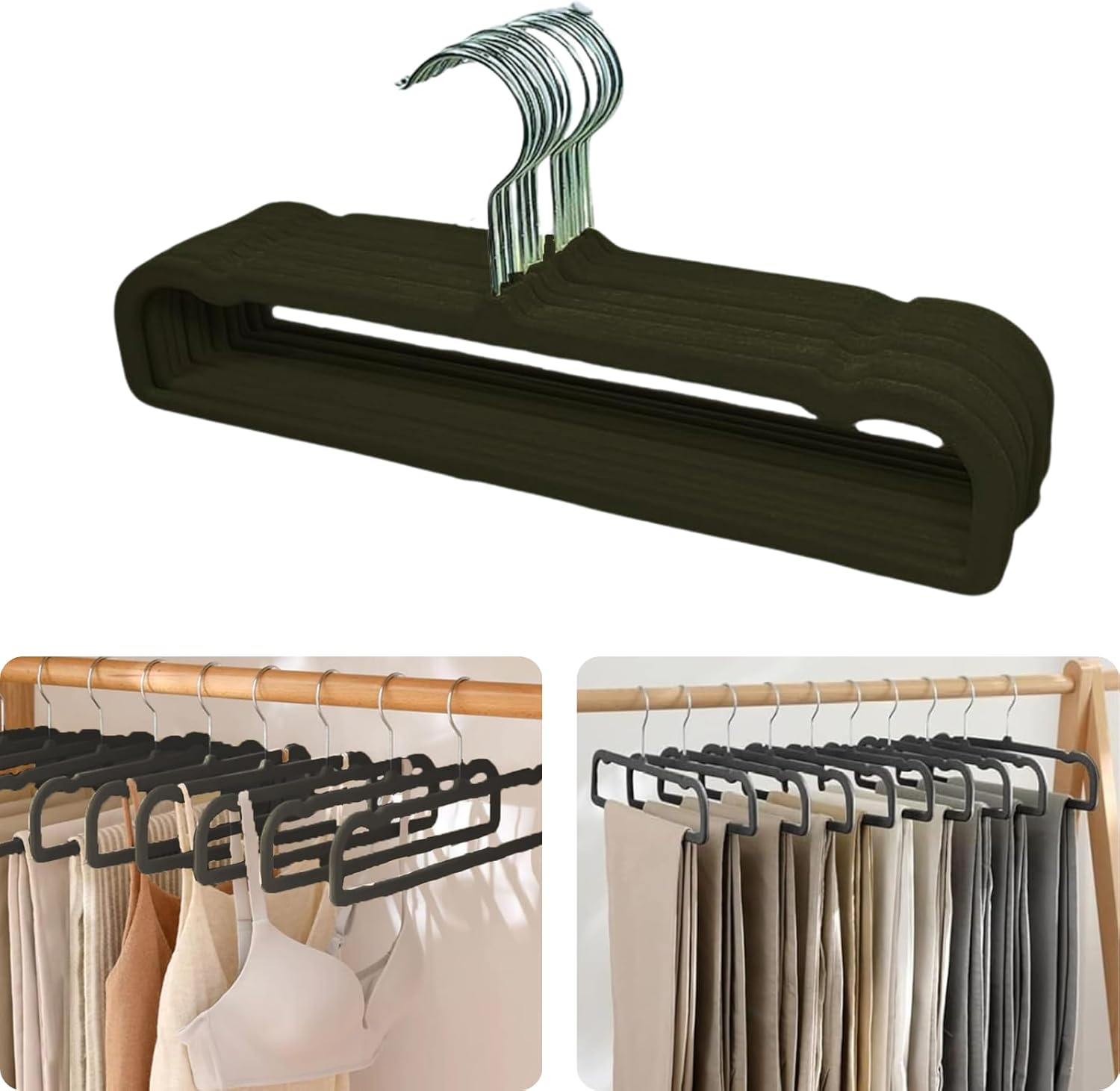 Velvet Trouser Hangers, JOMWEN Pant Hangers Hangers Saving Non Slip,35Cm Extra Strong Trouser Clothes Hangers,Space Saving Non-Slip Pants Hanger for Suit,Dress,Scraf (Black, 10 PCS)