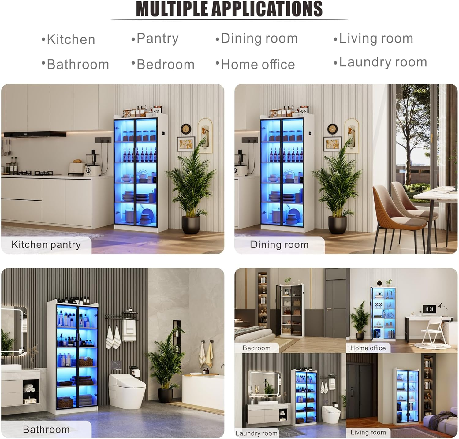 Dystler Bookcase with 2 Doors & Adjustable Shelves, Tall Storage Cabinet with LED Light/Body Sensor, 5 Tier Display Cabinet for Bedroom Living Room Office, White