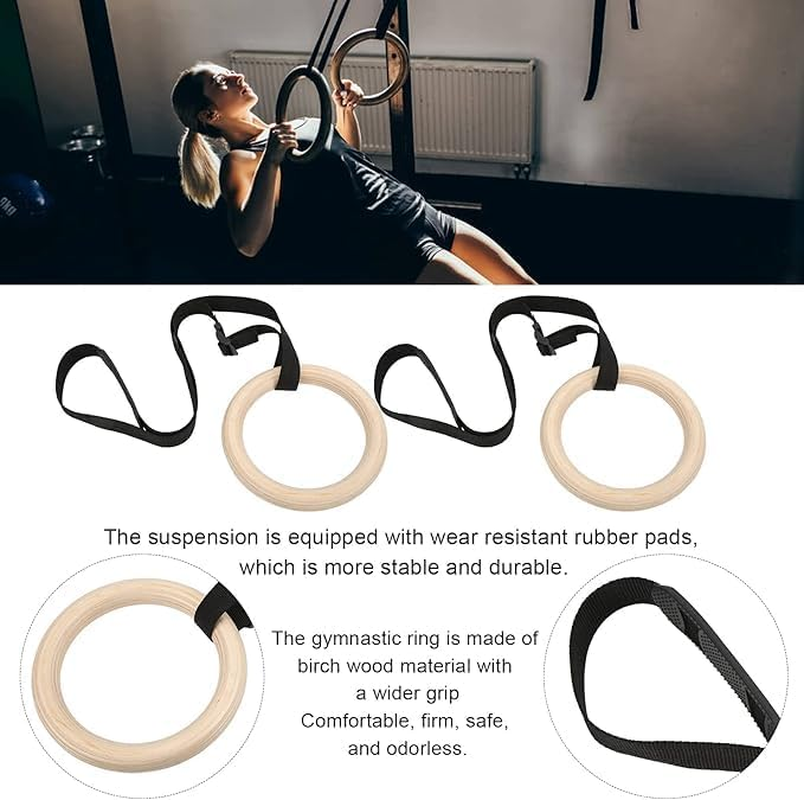 HPAMR Gymnastic Ring, Wooden Gym Rings, Gymnastics Training Annulus, Pull up Annulus Sets with 5.1M Unscaled Webbing for Home Gym Full Body Workout, 661Lbs Supported image number 3