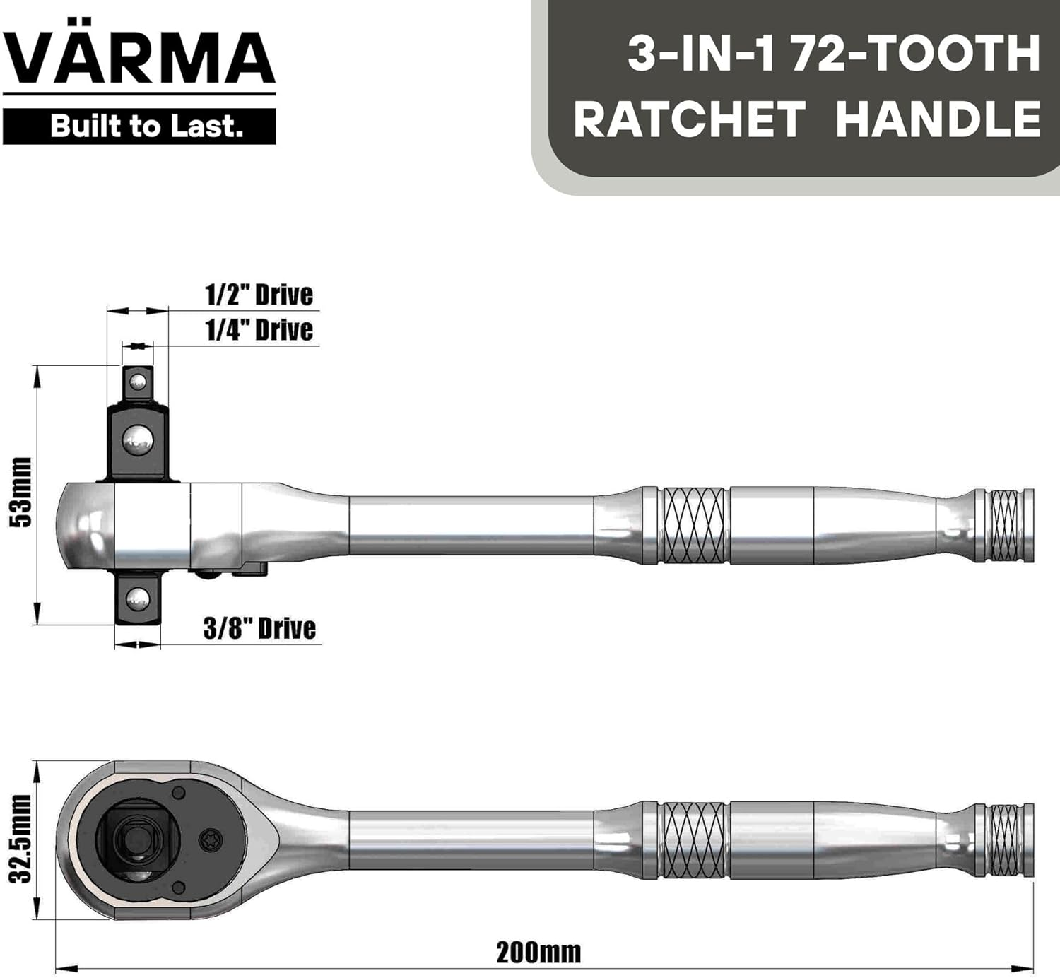 3-In-1 Ratchet Wrench &ndash; 1/2", 3/8", 1/4" Drive | 72-Tooth Reversible Ratchet Handle | CR-V Steel, 8-Inch (200Mm) | High-Torque, 5&deg; Swing Arc, CR-V Steel for Automotive & Mechanical Use image number 3