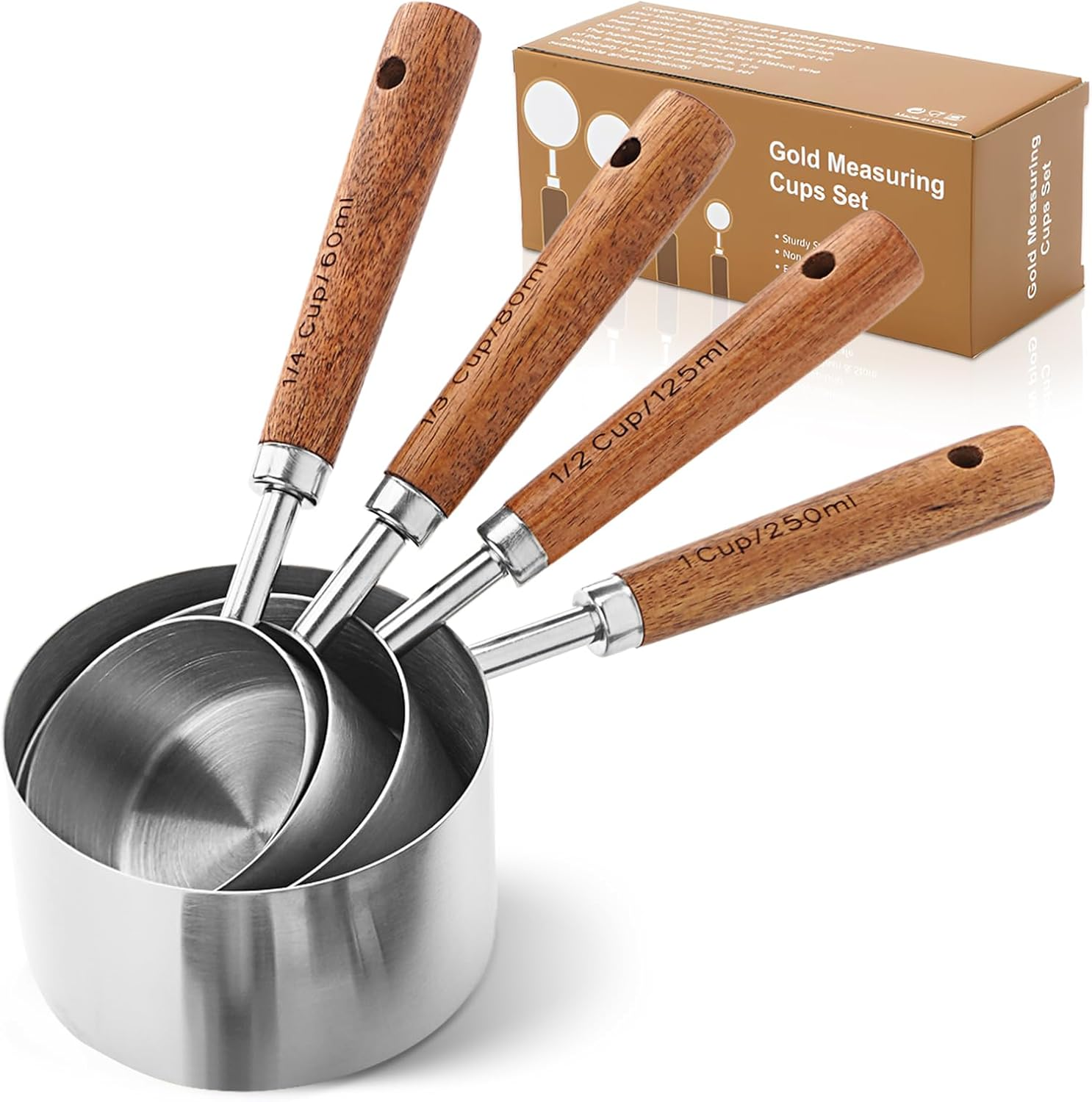 Gold Measuring Cups and Spoons Set with Wood Handles, Premium Stainless Steel Measuring Spoons and Measuring Cups Set (Set-Rose Gold)