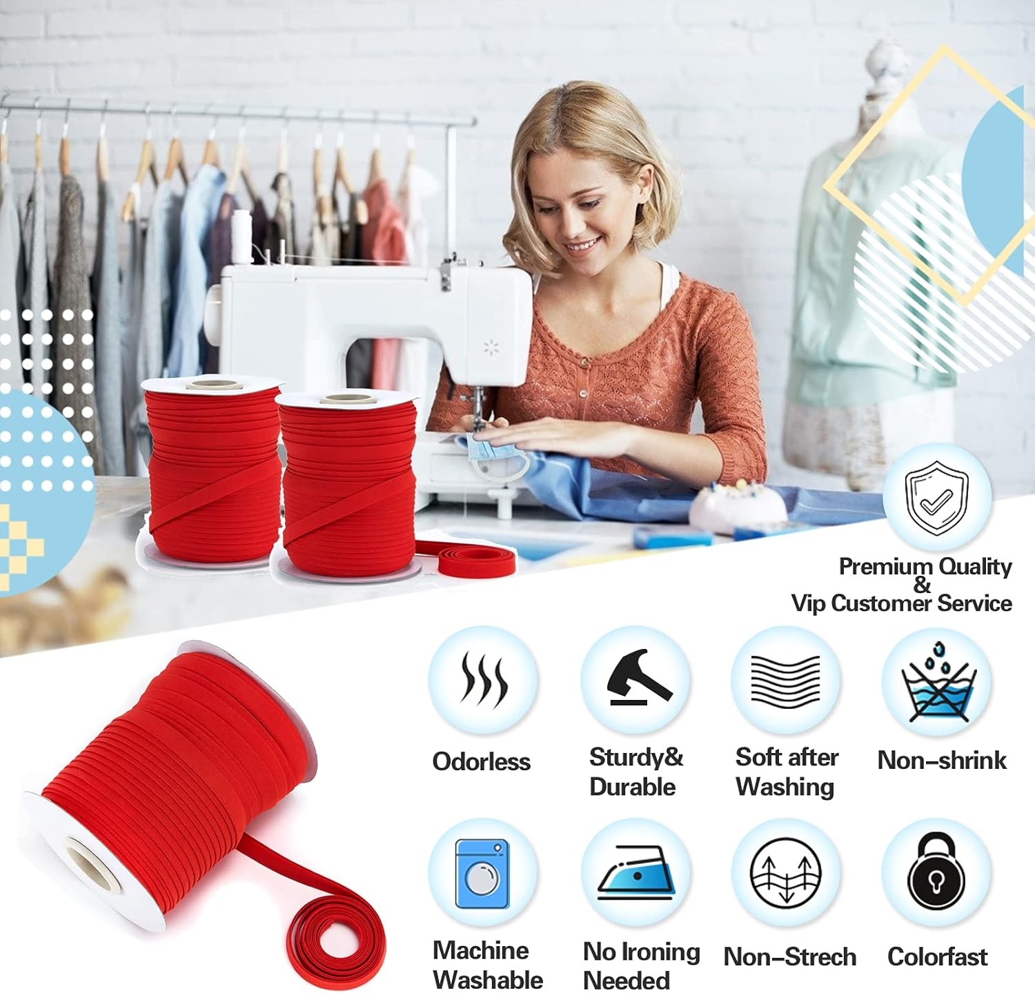 Bias Tape Double Fold 1/2 Inch - Red 55 Yards Polyester Binding Tape for Sewing, Quilt Binding, Hemming, Seaming and Fabric Piping image number 1