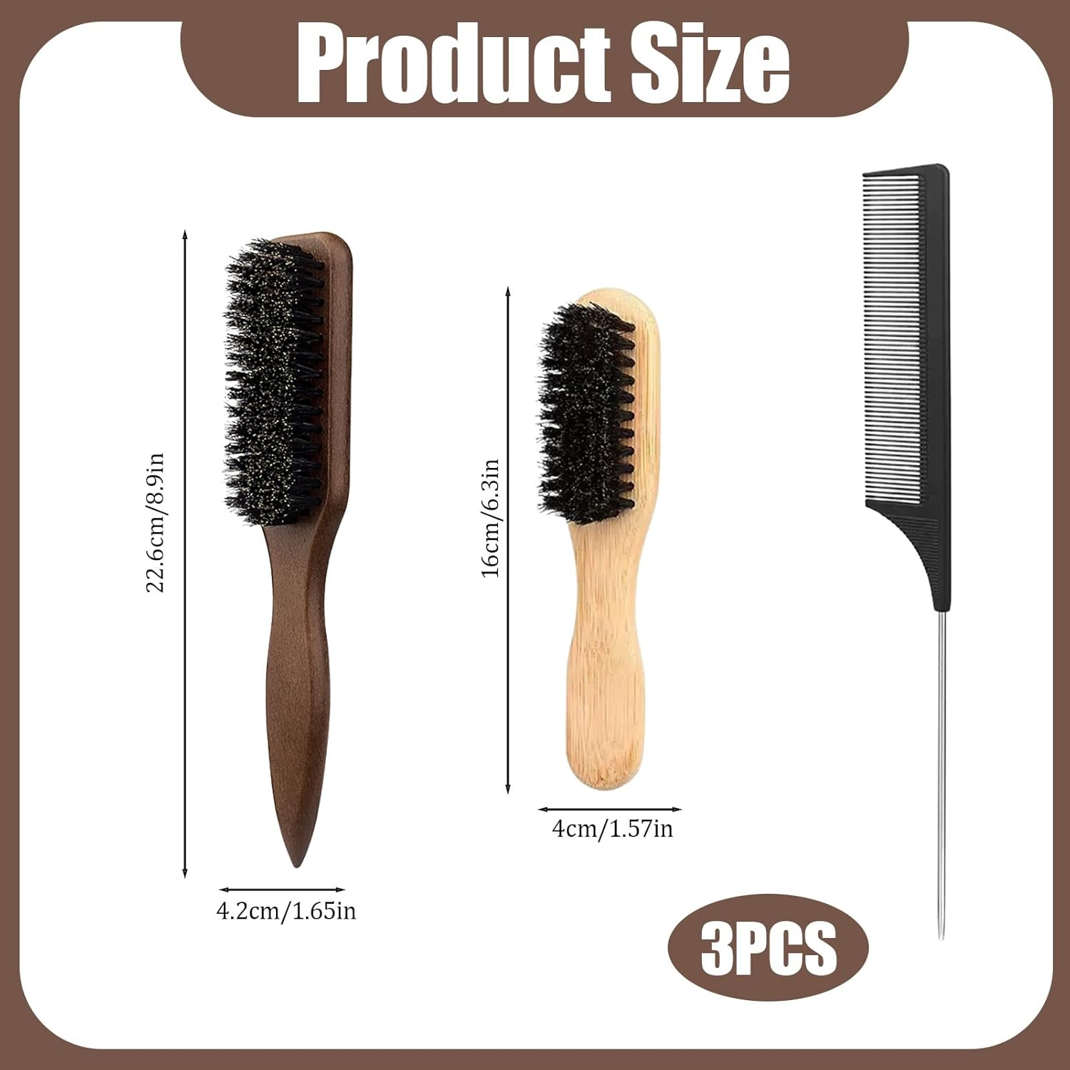 3 Pack Boar Bristle Hair Brush Set,Brown Beard Brushes+ Small + Black Steel Needle Combs, Anti-Static Wooden Handle Brushes for Men and Women, for Hair and Beard Care image number 5