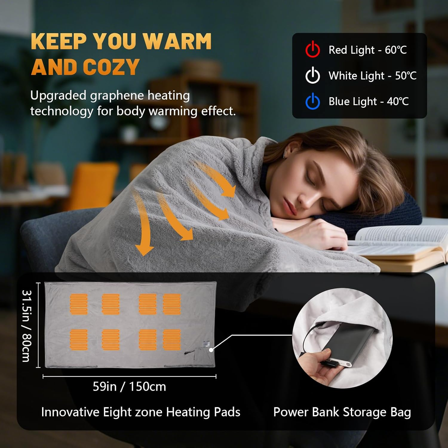 Portable Heated Shawl Travel Throw Blanket, Single Heated Poncho Electric Wraps with 3 Heating Levels & Zipper, Soft Plush Warm Shawl Wearable for Home Office,Usb Charging (No Power),150X80Cm image number 1