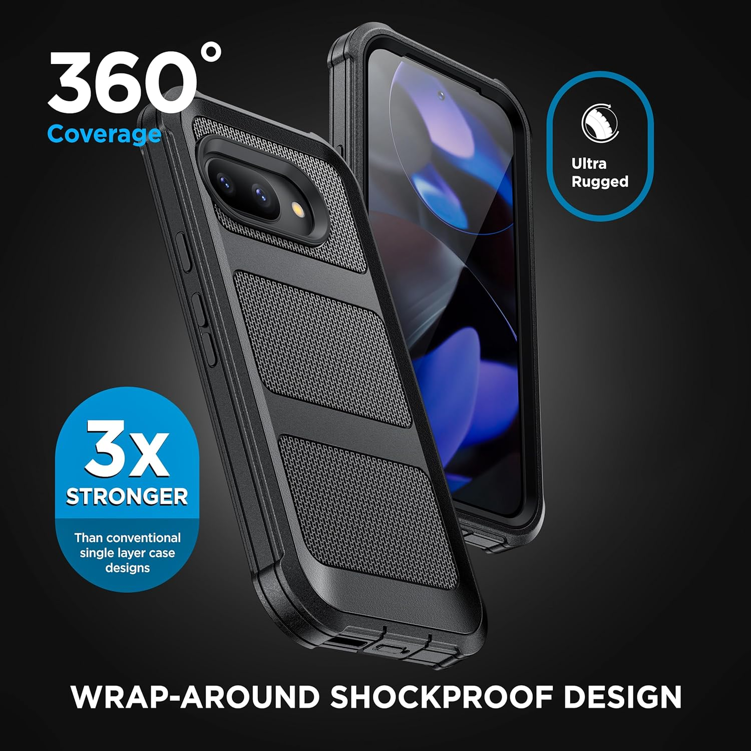 Encased Heavy Duty Case for Google Pixel 9A, (Falcon Series) Full Body Protective Phone Case with Screen Protector (Black) image number 6