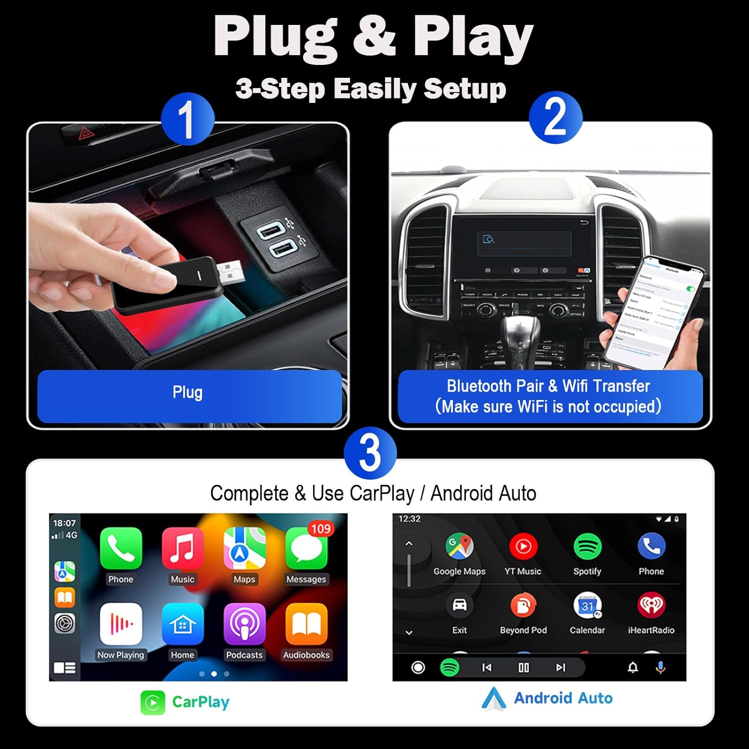 SZMDLX Wireless Carplay Adapter Dongle for Iphone and Android Auto, Plug & Play, 2In1 USB Wire to Wireless Adapter Compatible with Iphone 6/6+ Ios10/10+ Android 11/11+ & 2016+ Cars image number 3