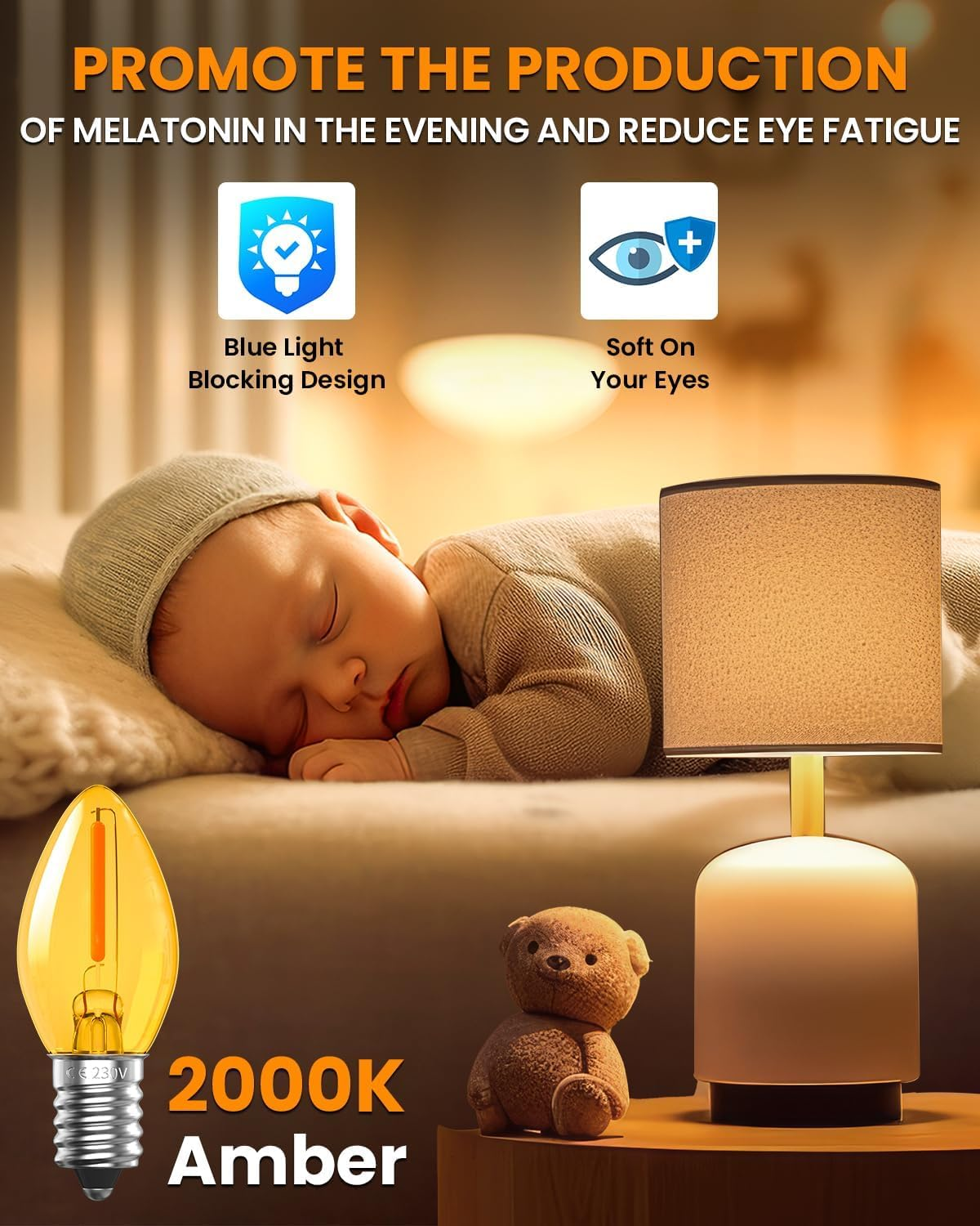 Brightark 0.5W E14 LED Vintage Light Bulb Warm White,C7 Salt Lamp Bulb Candle Small Edison Screw SES Low Watt Light Bulb,2000K Orange Amber Glass Night Light Bulb, Non-Dimmable, 2-Pack image number 2