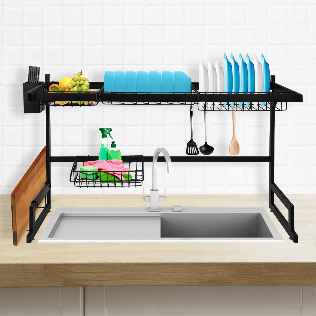 TOQUE over Sink Dish Drying Rack 2 Tier 65Cm Length Double Sink,Stainless Steel Kitchen Drainer Cutlery Utensil Plate Organizer Black,Freestanding Large Storage Multiple Baskets Board for Countertop