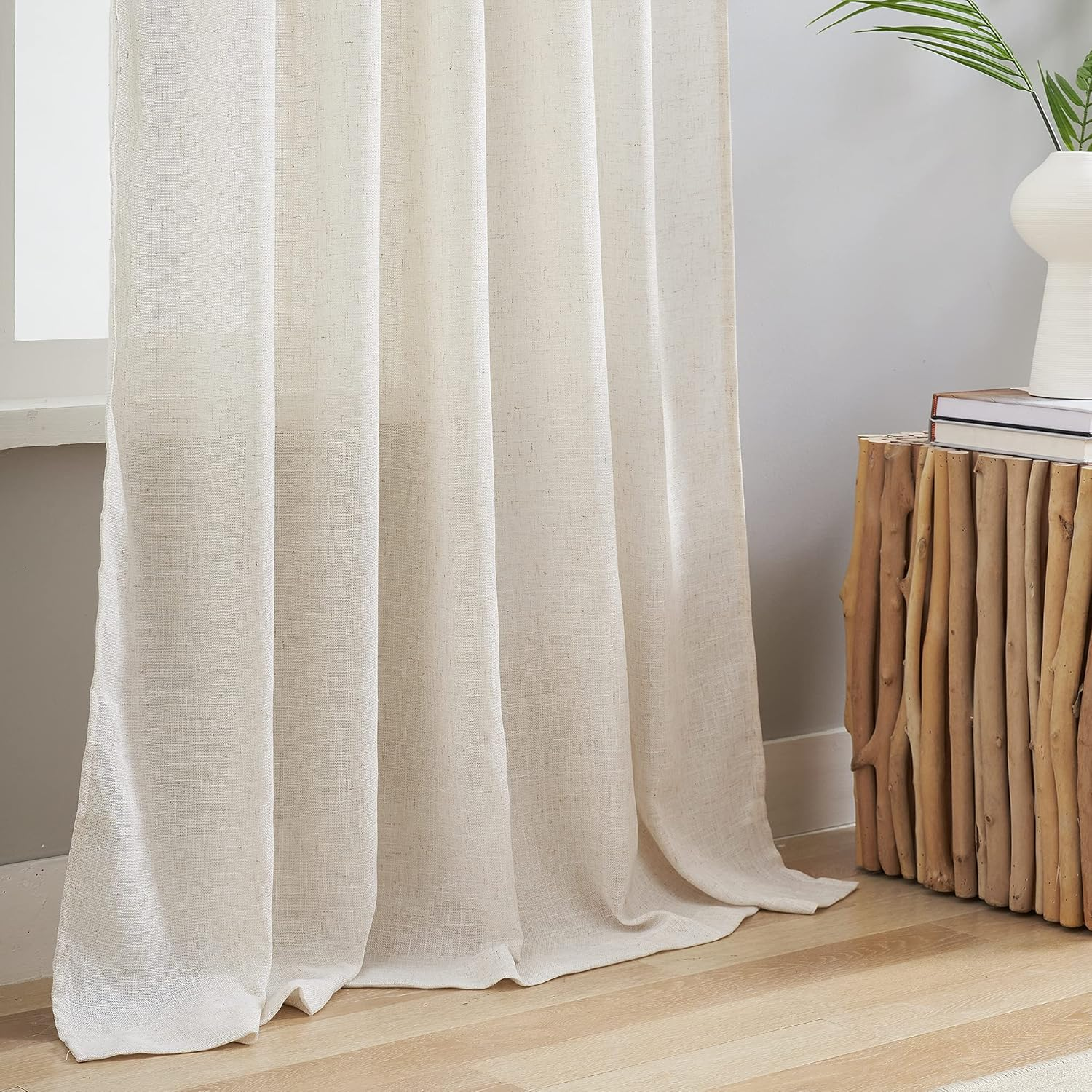 VOILYBIRD Natural Linen Semi Sheer Curtains Tab Top Light Filtering Elegant Curtains & Drapes for Bedroom 52 X 63 Inch Length, Set of 2 Panels image number 6