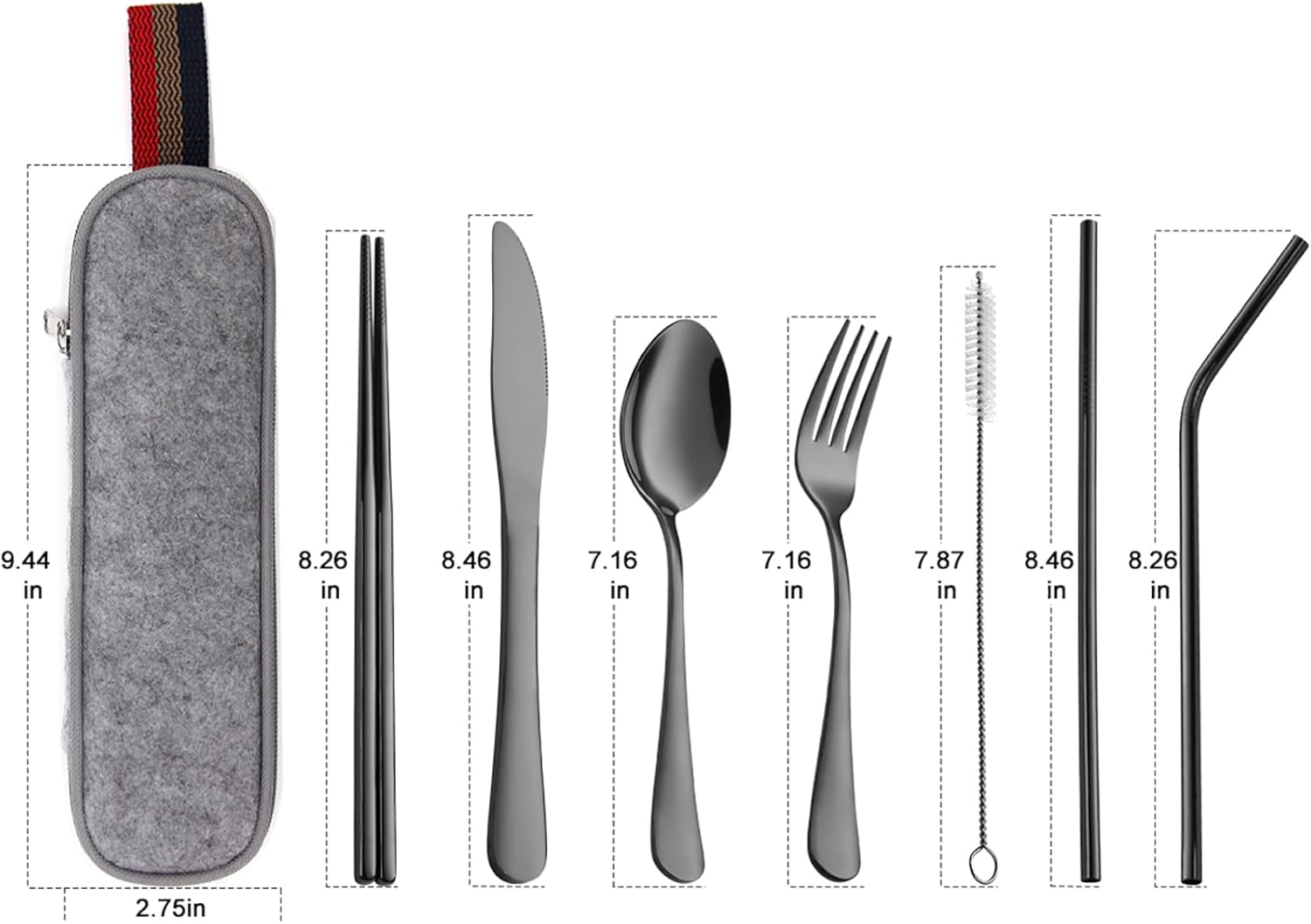 DEVICO Portable Utensils, Travel Camping Cutlery Set, 8-Piece Including Knife Fork Spoon Chopsticks Cleaning Brush Straws Portable Case, Stainless Steel Flatware Set (Black) - Black image number 3