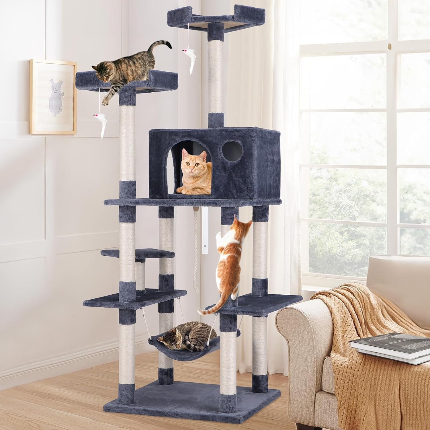 BEASTIE Cat Tree 184Cm Multi-Level Cat Tower with Scratching Posts, Cat Condo Play House Wooden Furniture with Hanging Toy & Hammock, Sisal-Covered Cat Scratcher Tower for Kitten Climbing & Rest, Grey image number 3