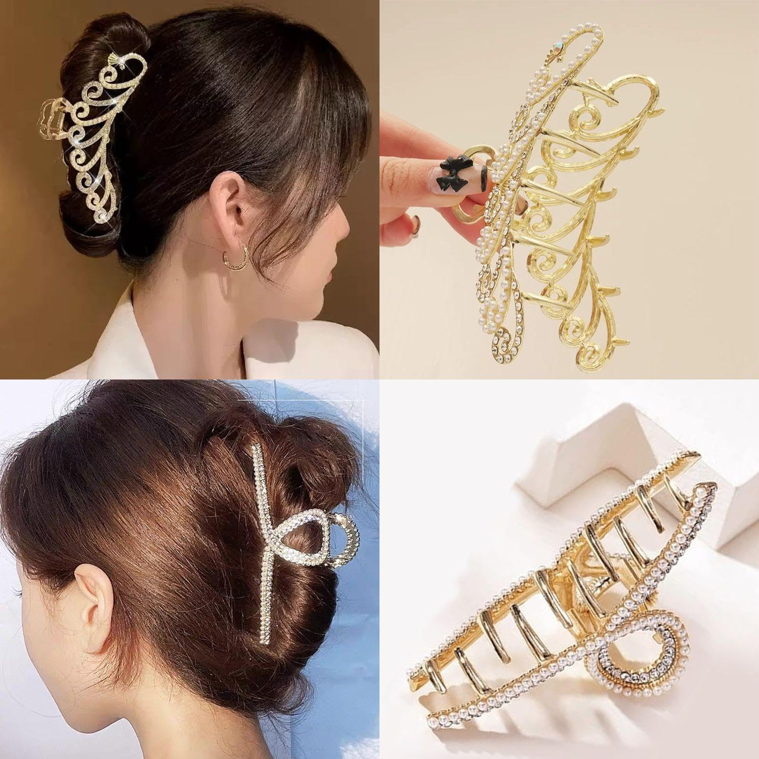 2 Pieces Diamond Studded Pearl Handles, Exquisite Glitter Handles, Non-Slip Women Headwear, Styling Fixing Tools