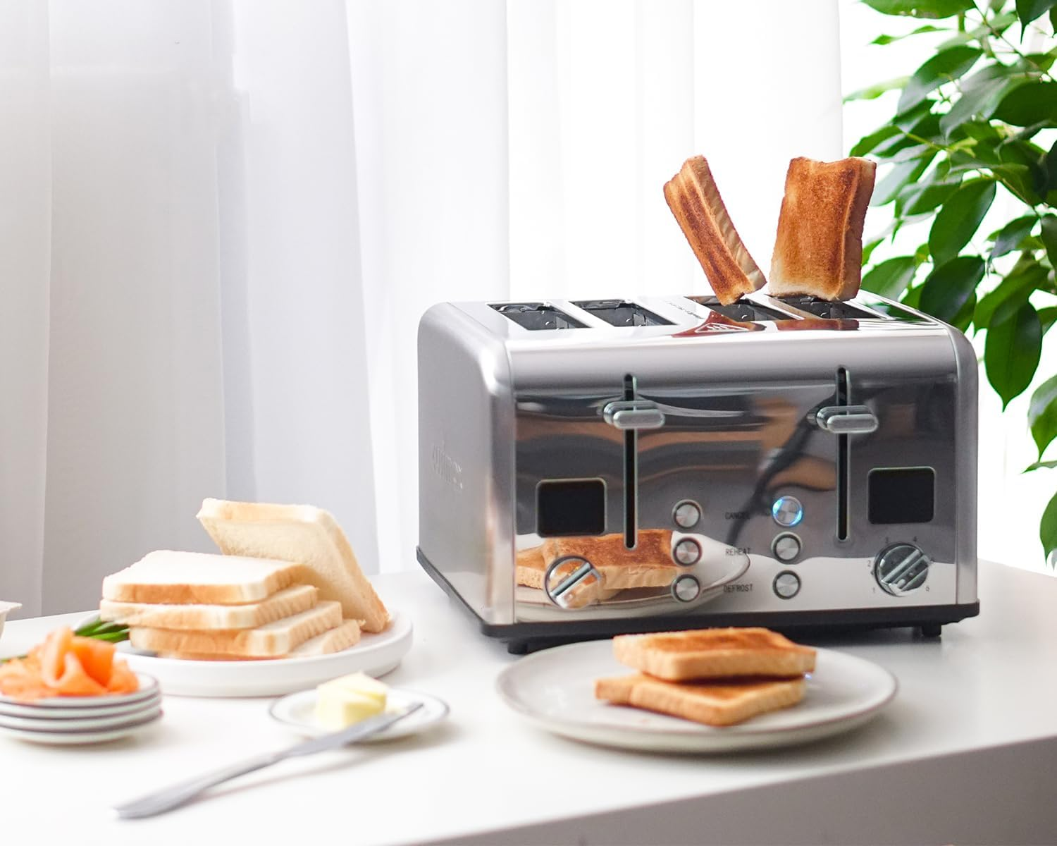 4 Slice Toaster, CUSIMAX Stainless Steel Toaster with Clear LED Display, Bread Toaster with Extra Wide Slots and 6 Browning Settings, Cancel/Reheat/Defrost Function, Removable Crumb Trays, Silver image number 5