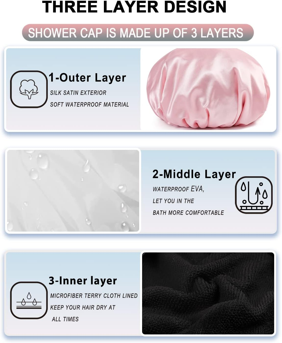 YIZIJIZI Terry Lined Shower Cap,Triple Layer Large Cap for Women,Shower Cap Reusable Waterproof,Long Thick Hair(Pink) - Gray image number 5