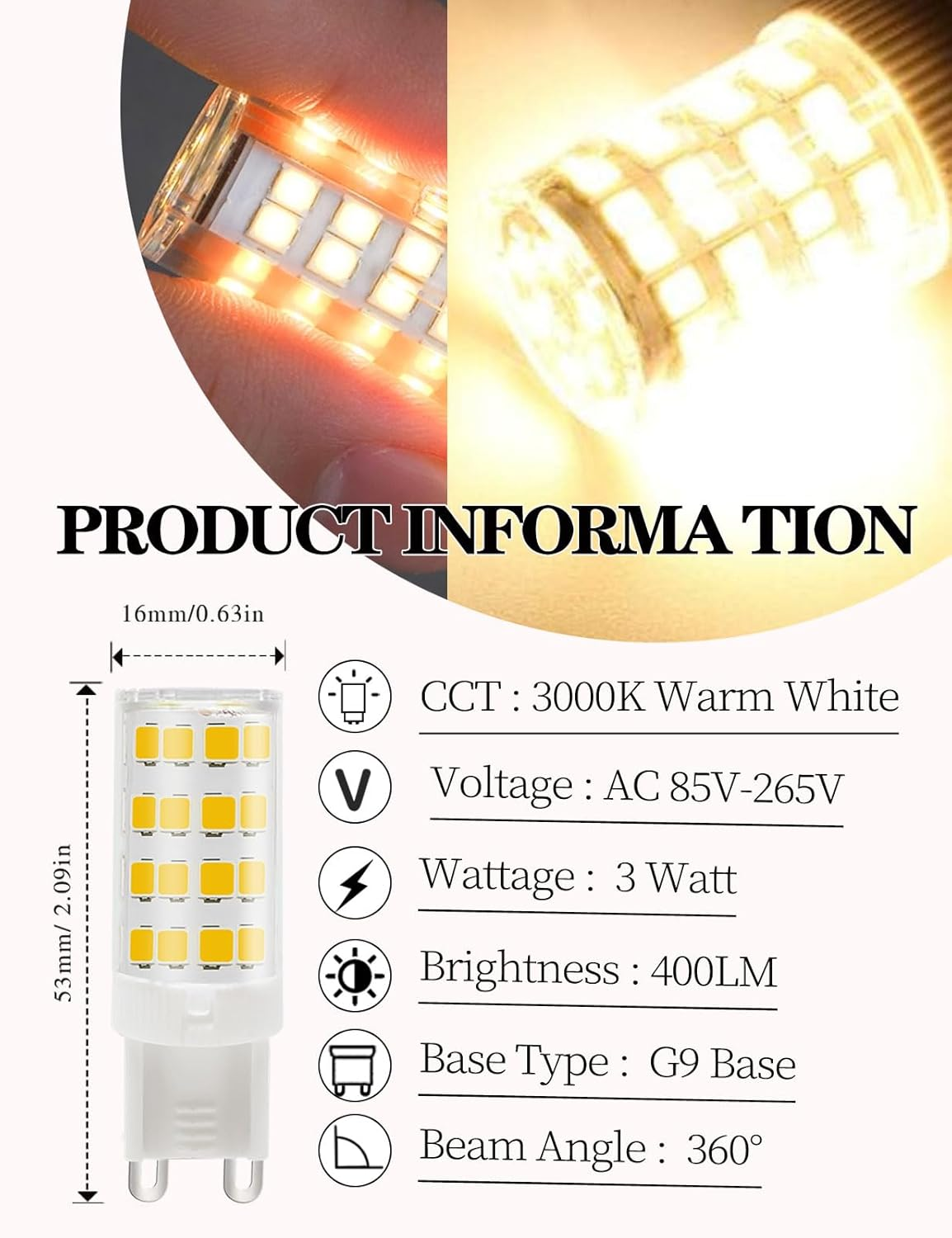 Wossluck G9 LED Bulbs, Warm White, 3 W, 400 LM, Replacement for 40 W Halogen Bulbs, Not Dimmable, AC85V-265V, Pack of 2
