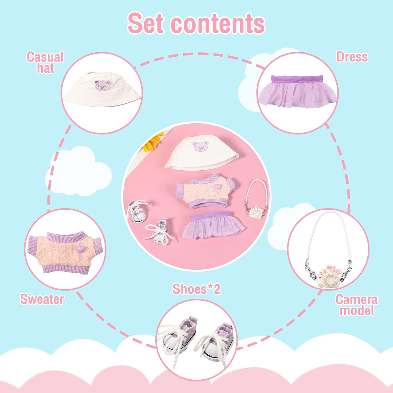 Fwqofvk Clothes Kit for Pendant, Cute Clothes Suit, Exquisite Small Clothes Set Includes Hat, Sweater, Skirt,Camera Model and Shoes for Girl Boy Kid Birthday Present (Purple) image number 3