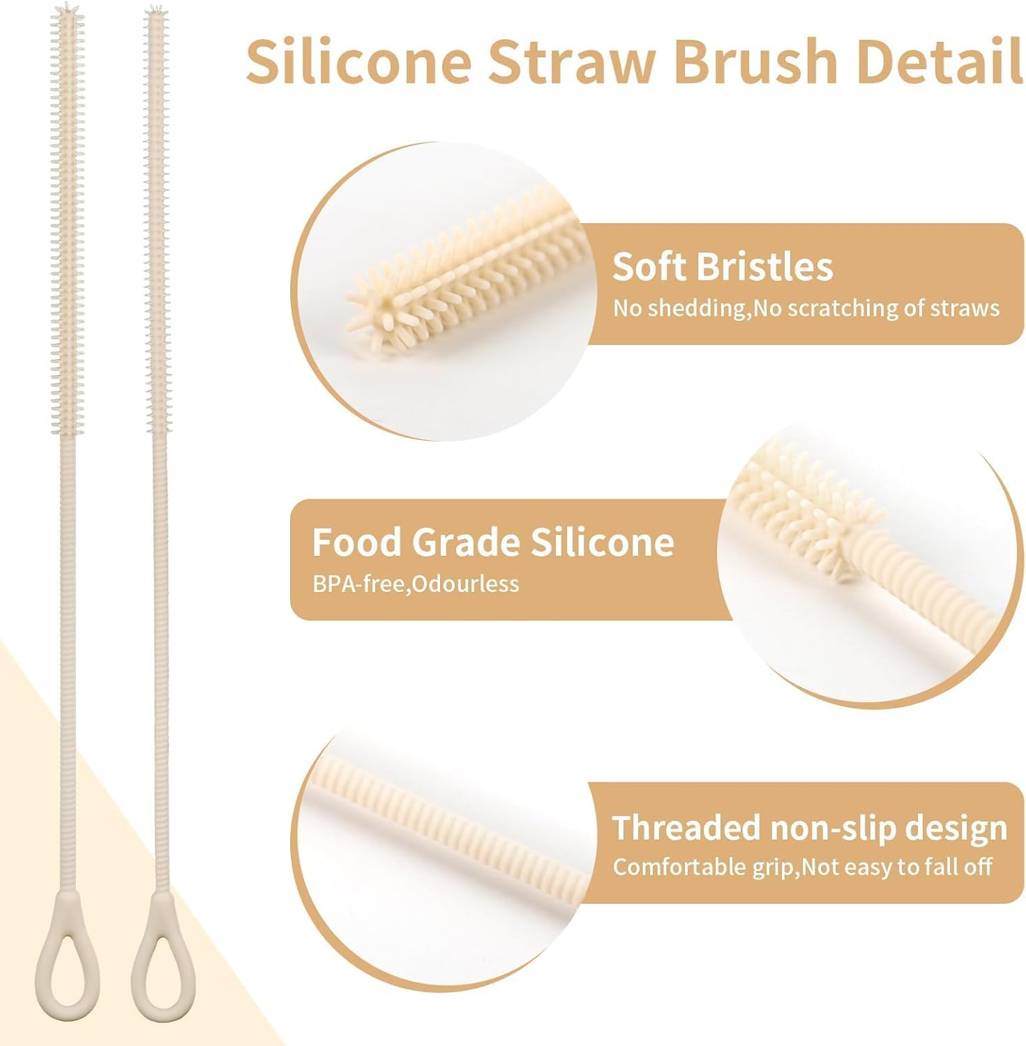 Silicone Straw Cleaner Brush Set - 2PCS Extra Long Reusable Straw Brushes for Glass, Metal & Smoothie Straws - Food Grade Bpa-Free with Non-Slip Handle (6Mm+9Mm, Beige) image number 1
