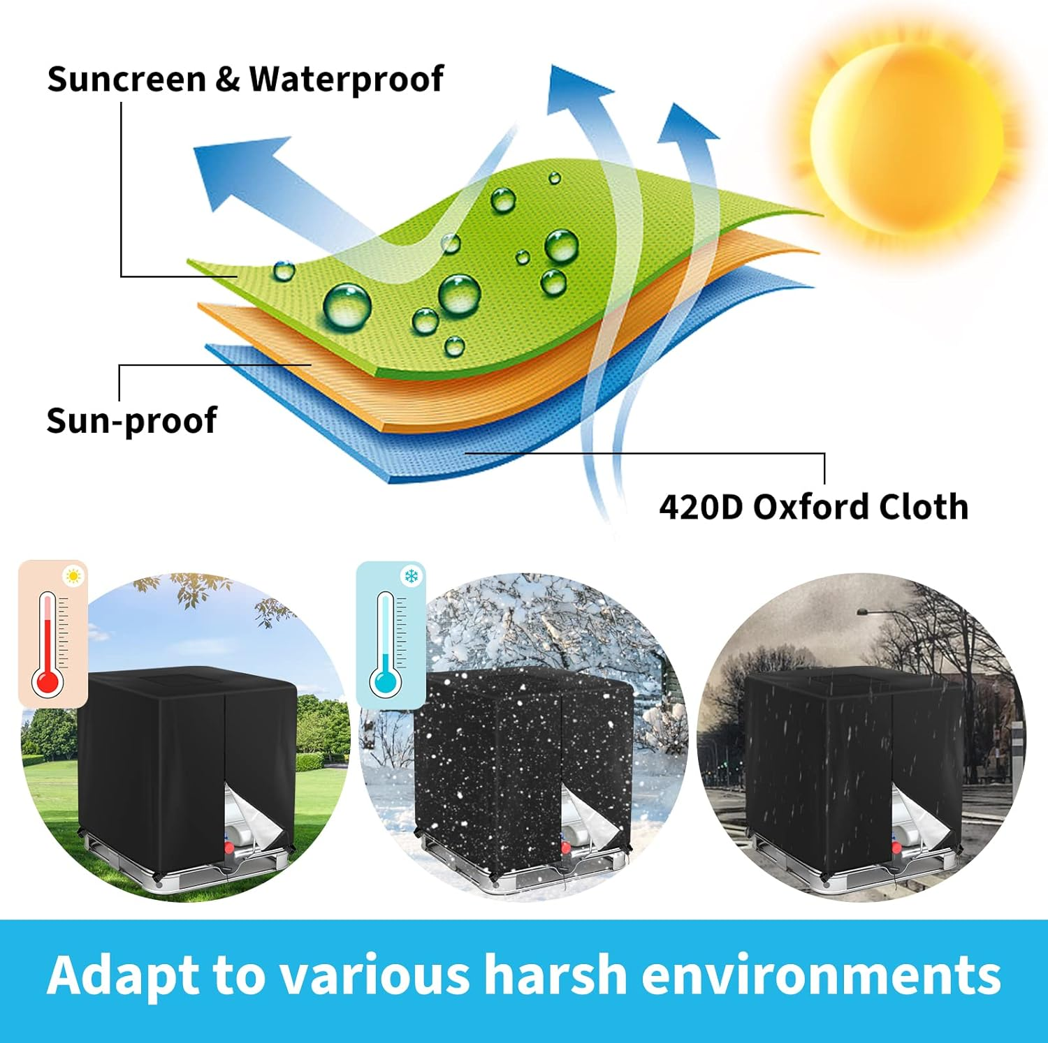 Zipper IBC Tote Cover Barlic 275 Gallon for 420D 1000L Outdoor Water Tank Protective Cover(Black) - Zipper Black image number 4