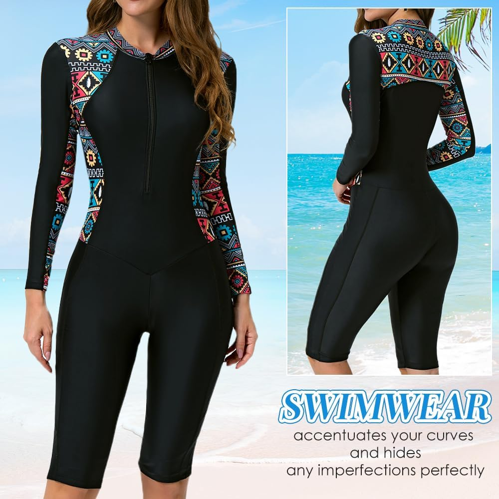 WOTOW Women'S One Piece Rash Guard Swimsuit, UPF 50+ Zip up Long Sleeve Boyleg Bathing Suit with Built in Bra, Summer Quick Dry Swimwear image number 5