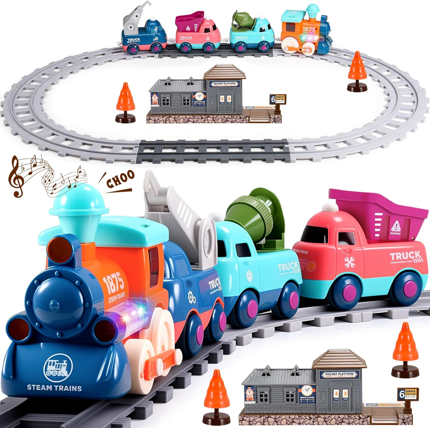 Train Set for Toddlers, Vingtank Kids Toy Trains & Train Sets for 3 4 5 6 Year Old Boys Gifts 4Pcs Trucks Toy Car for Boys Toys 3-5 Toddler Toys with Light & Music Ideal Gifts for Boys Girls image number 6