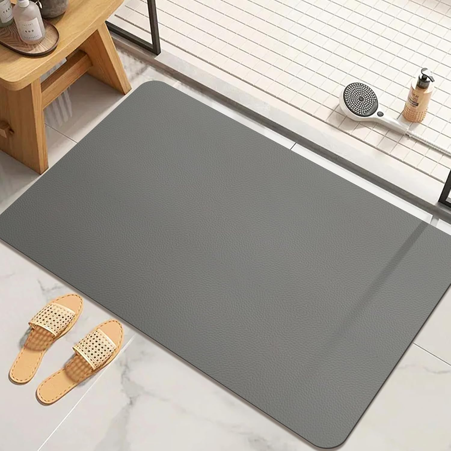 Bath Mat Quick Dry Absorbent Bathroom Rugs Non Slip Thin Bath Mat Rubber Backing Washable Fit under Door Mat Bath for Bathroom Floor Mats-Shower Rug (Light Grey, 43 X 120 Cm)