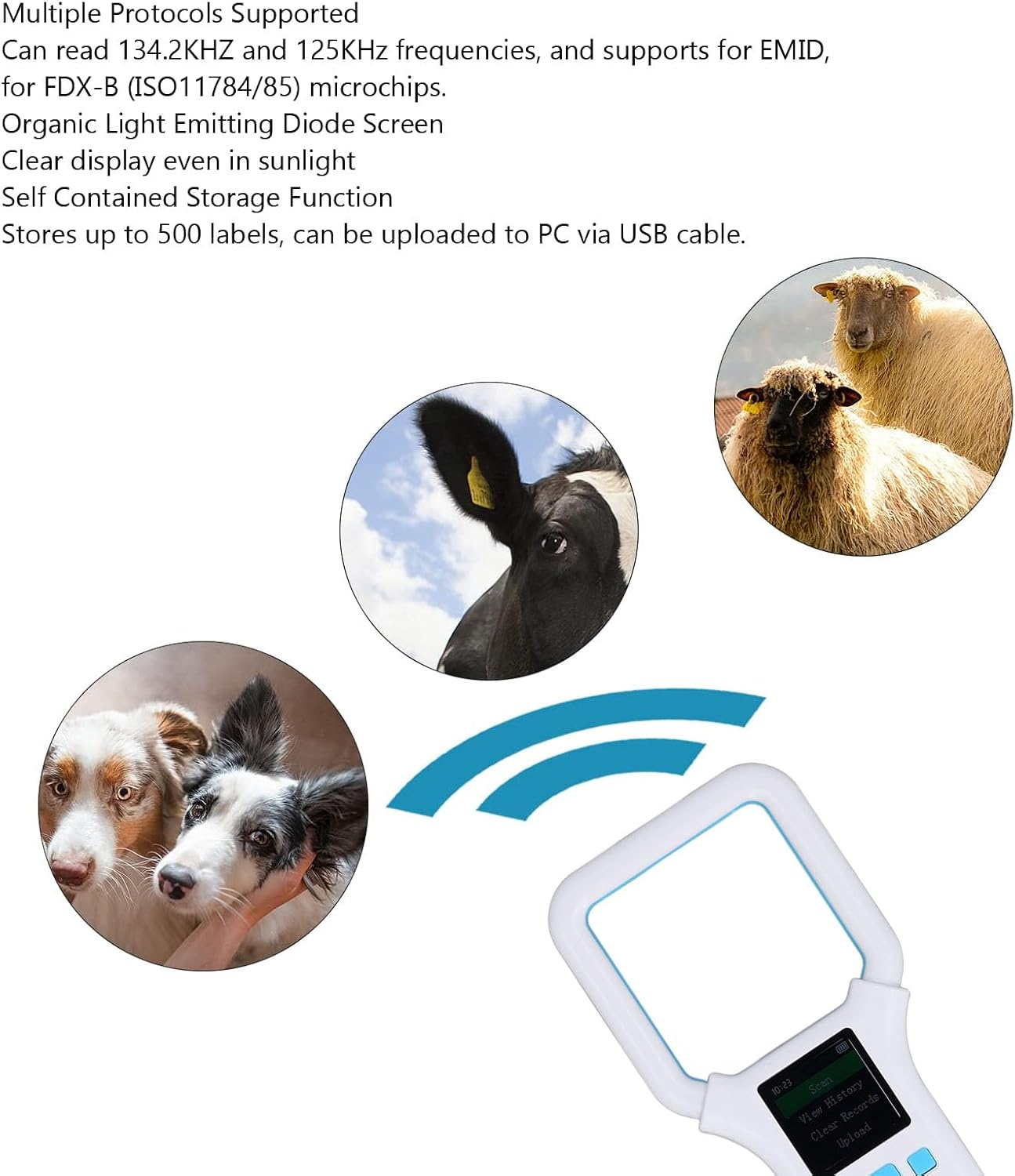 Pet Microchip Scanner Reader, 134.2Khz 125Khz Portable Animal Chip ID Scanner, 500 Data Storage Handheld RFID Dogs ID Chip Tag Scanner for EMID/FDX B / ISO1784/85 image number 2