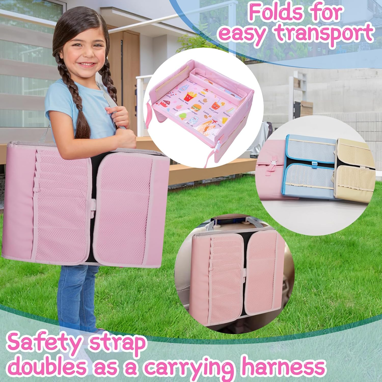 Kids Travel Tray for Car, Car Seat Tray for Kids Travel, Road Trip Essentials, Toddler Lap Desk Organizer, Soft Padding, Waterproof, Carseat Table for Roadtrip Activities (Pink) - Blue image number 3